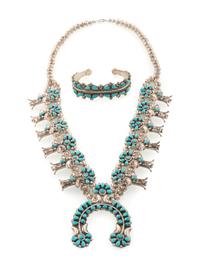 Navajo Silver and Petit Point Turquoise Squash Blossom Necklace AND Cuff Bracelet