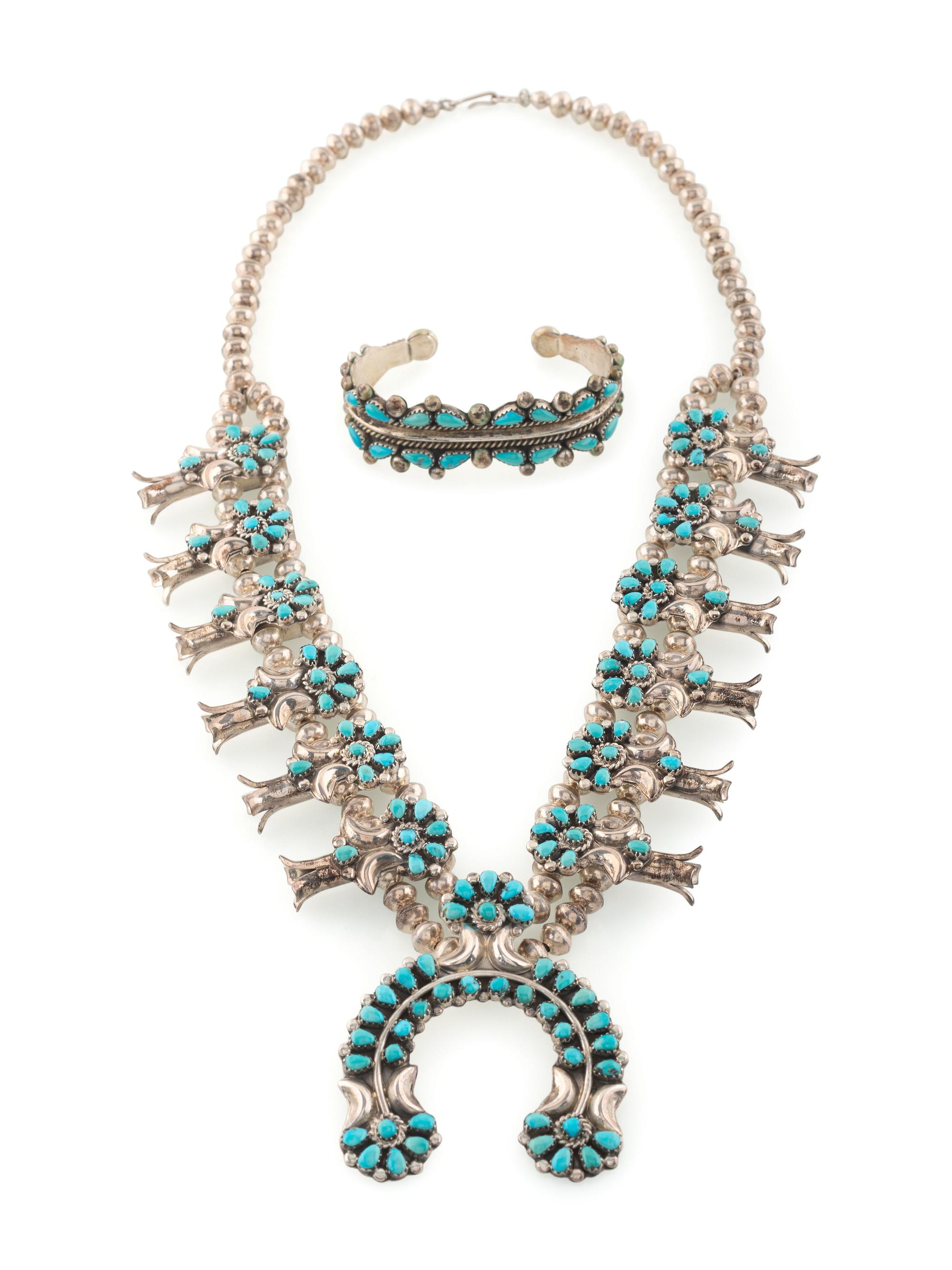 Navajo Silver and Petit Point Turquoise Squash Blossom Necklace AND Cuff Bracelet