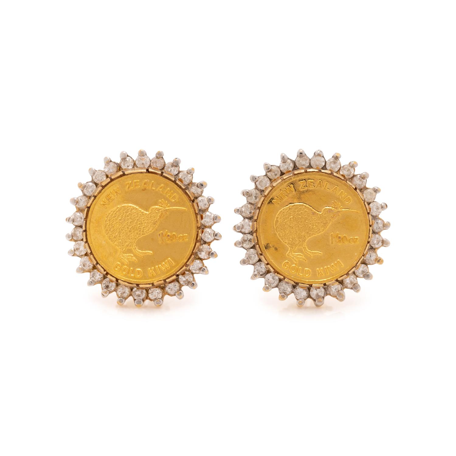 YELLOW GOLD, COIN AND DIAMOND EARCLIPS