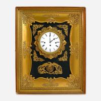 An Unusual French Gilt Bronze, Gilt and Green Painted Wood Wall Clock 19th century