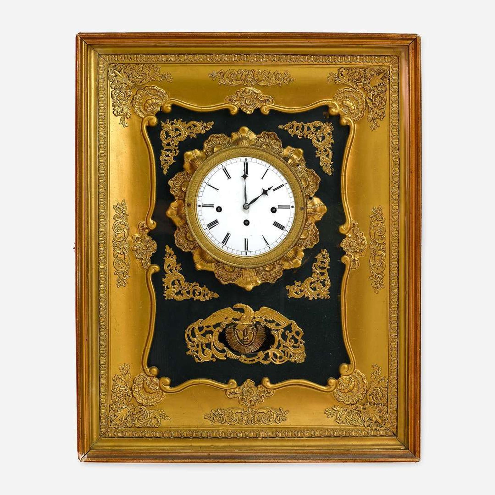 An Unusual French Gilt Bronze, Gilt and Green Painted Wood Wall Clock 19th century