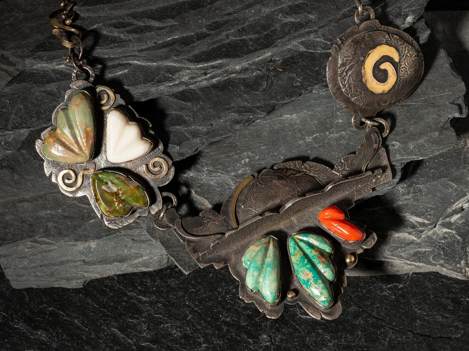 Sterling Silver Necklace, with Carved Stones and 14K Gold Accents
