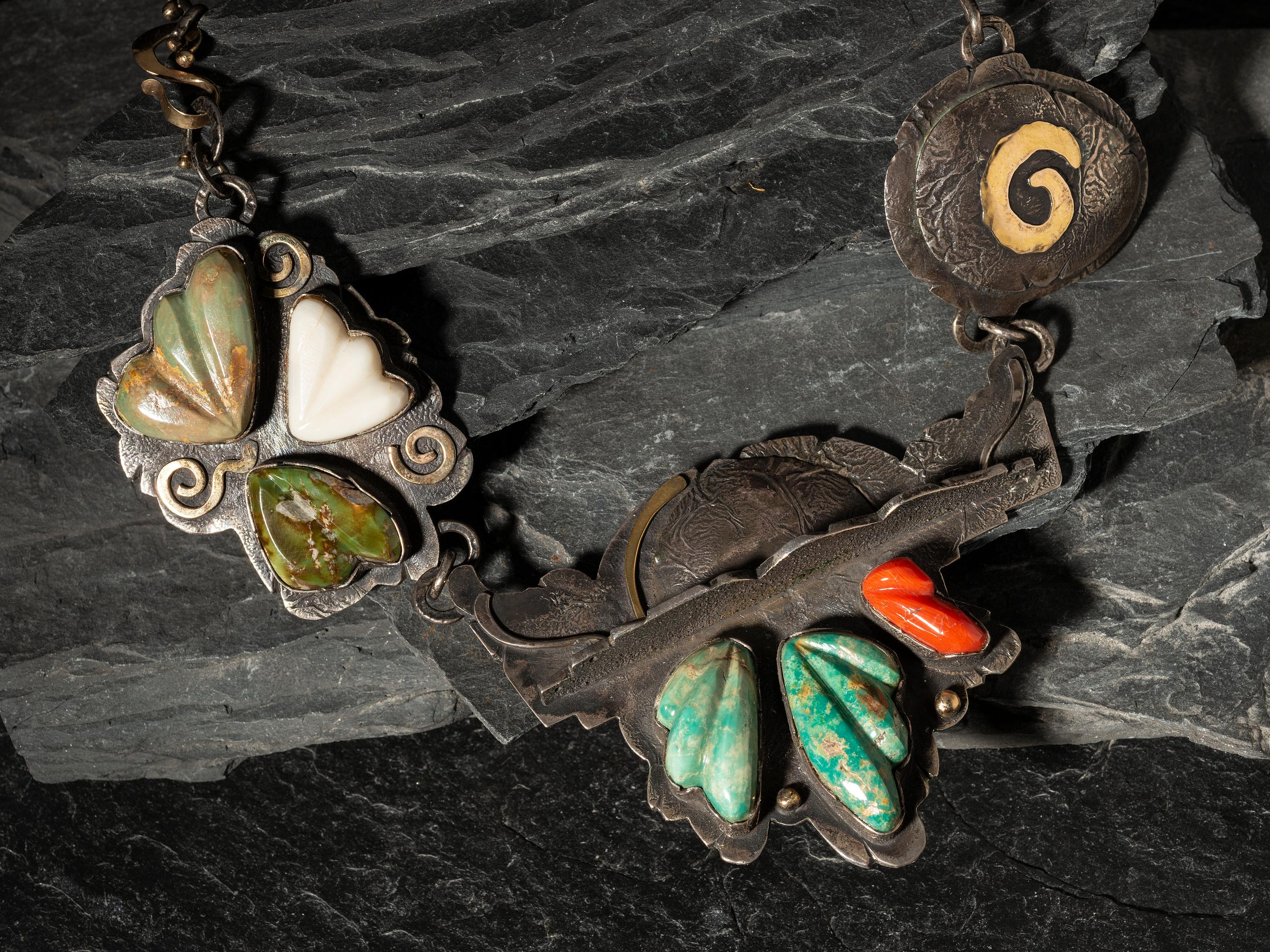 Sterling Silver Necklace, with Carved Stones and 14K Gold Accents