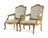 A Pair of Louis XV Giltwood Fauteuils a la Reine