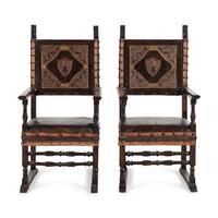 A Pair of Spanish Baroque Style Walnut Armchairs