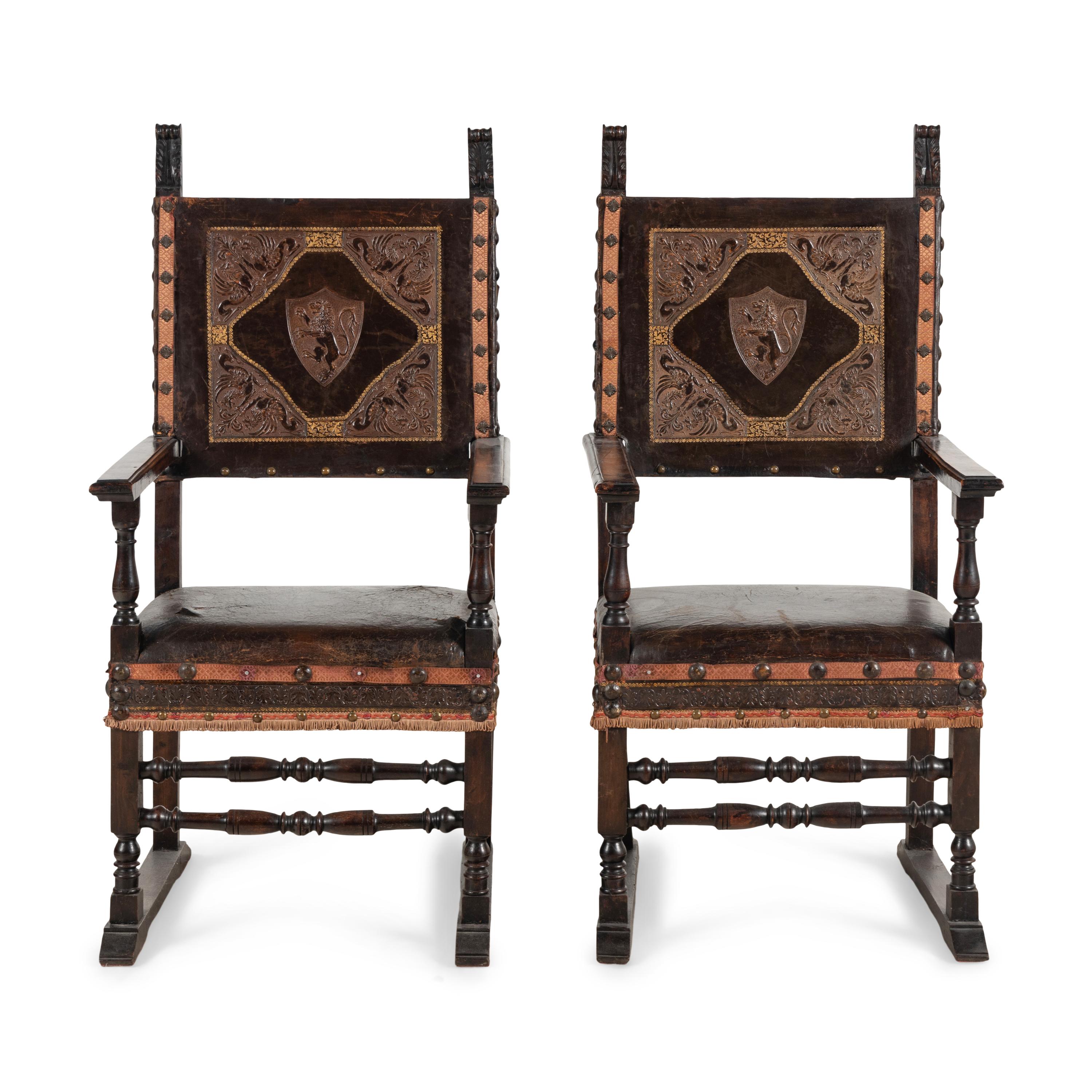 A Pair of Spanish Baroque Style Walnut Armchairs