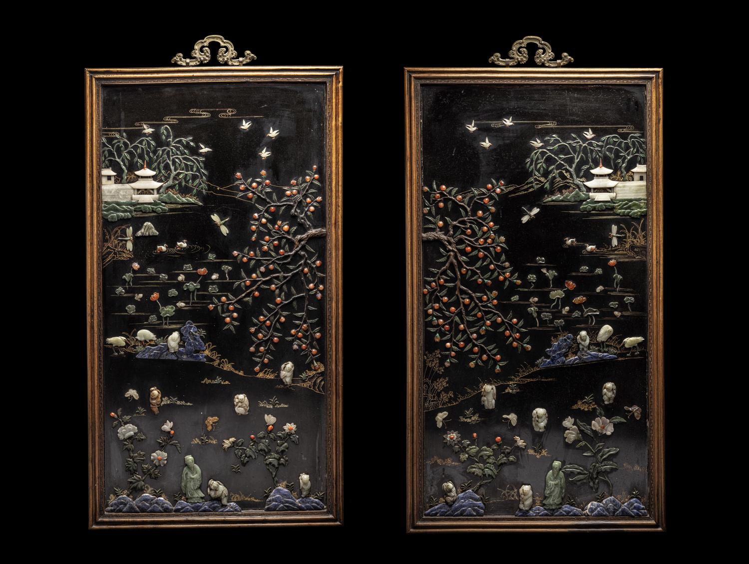 A Pair of Chinese Black Lacquered Hardstone Inset Rectangular Wall Panels