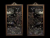 A Pair of Chinese Black Lacquered Hardstone Inset Rectangular Wall Panels