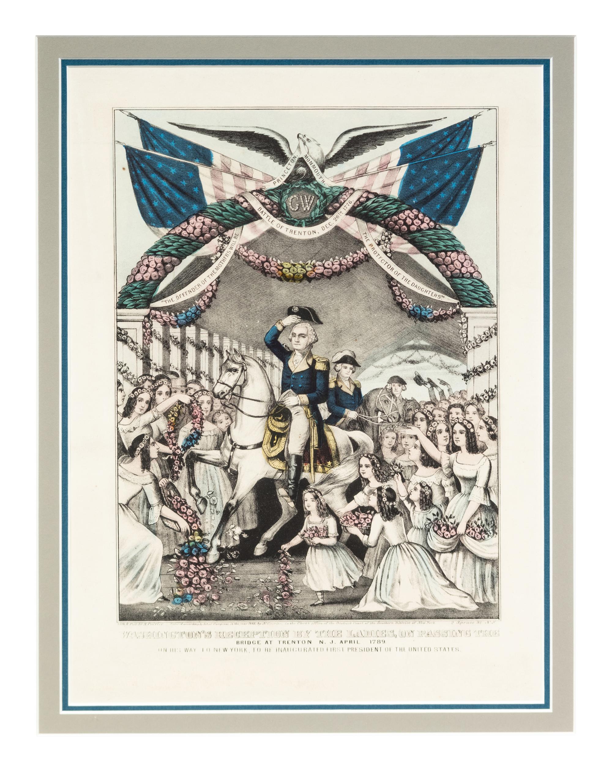 CURRIER, Nathaniel (1813-1888) Washington's Reception by the Ladies on passing the bridge in Trenton, NJ . New York: 1845.