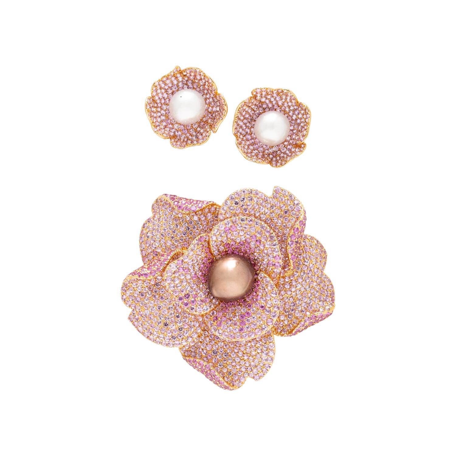 PINK SAPPHIRE, CULTURED PEARL, AND ROSE GOLD FLOWER EARRINGS AND BROOCH
