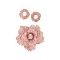 PINK SAPPHIRE, CULTURED PEARL, AND ROSE GOLD FLOWER EARRINGS AND BROOCH