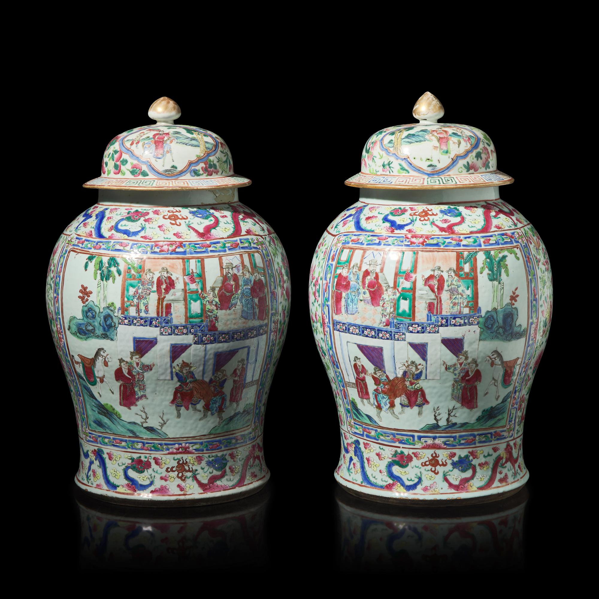 A Pair of Large Chinese Famille Rose Porcelain General Jars and Covers, Qing Dynasty — 清 粉彩開光人物故事圖將軍罐一對