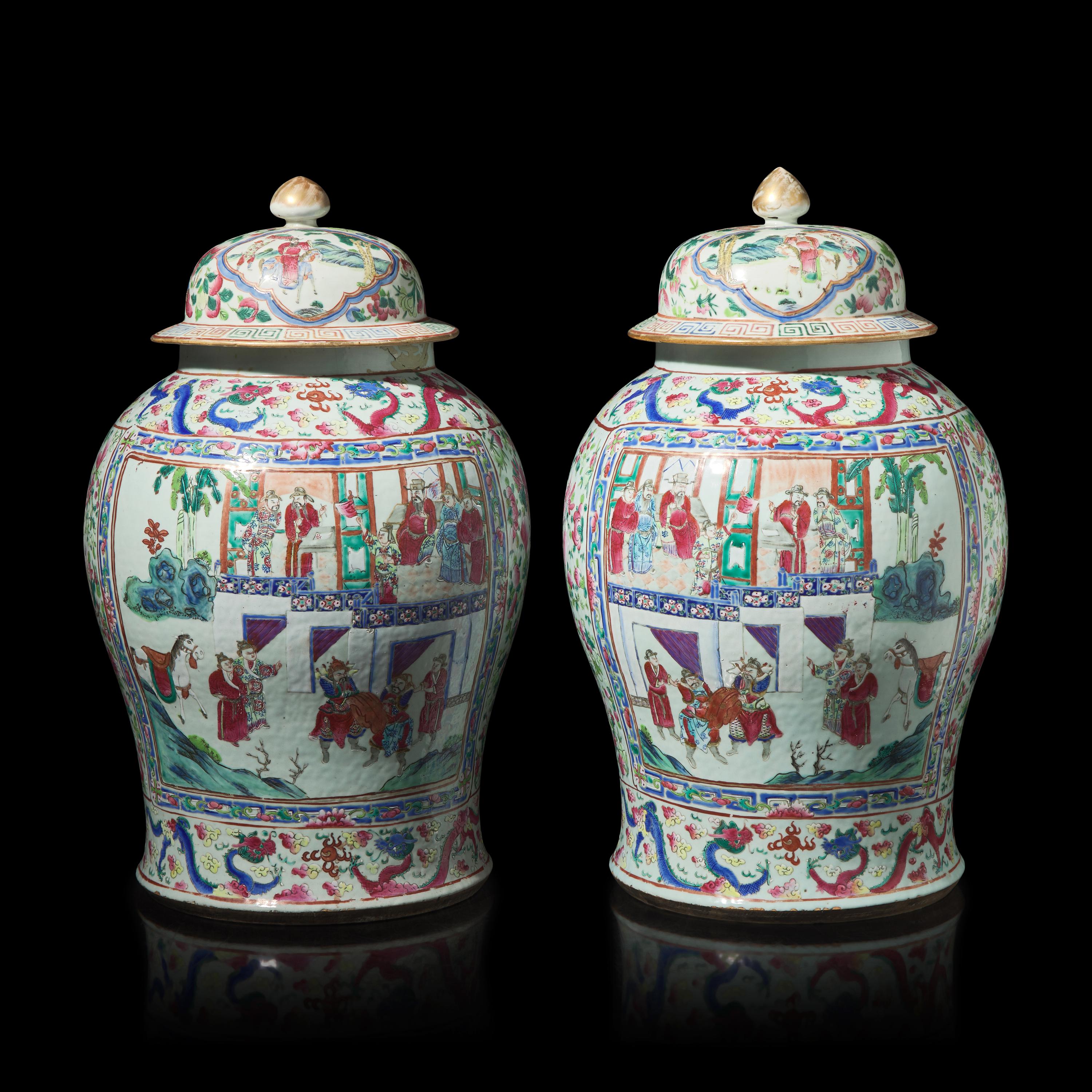 A Pair of Large Chinese Famille Rose Porcelain General Jars and Covers, Qing Dynasty — 清 粉彩開光人物故事圖將軍罐一對