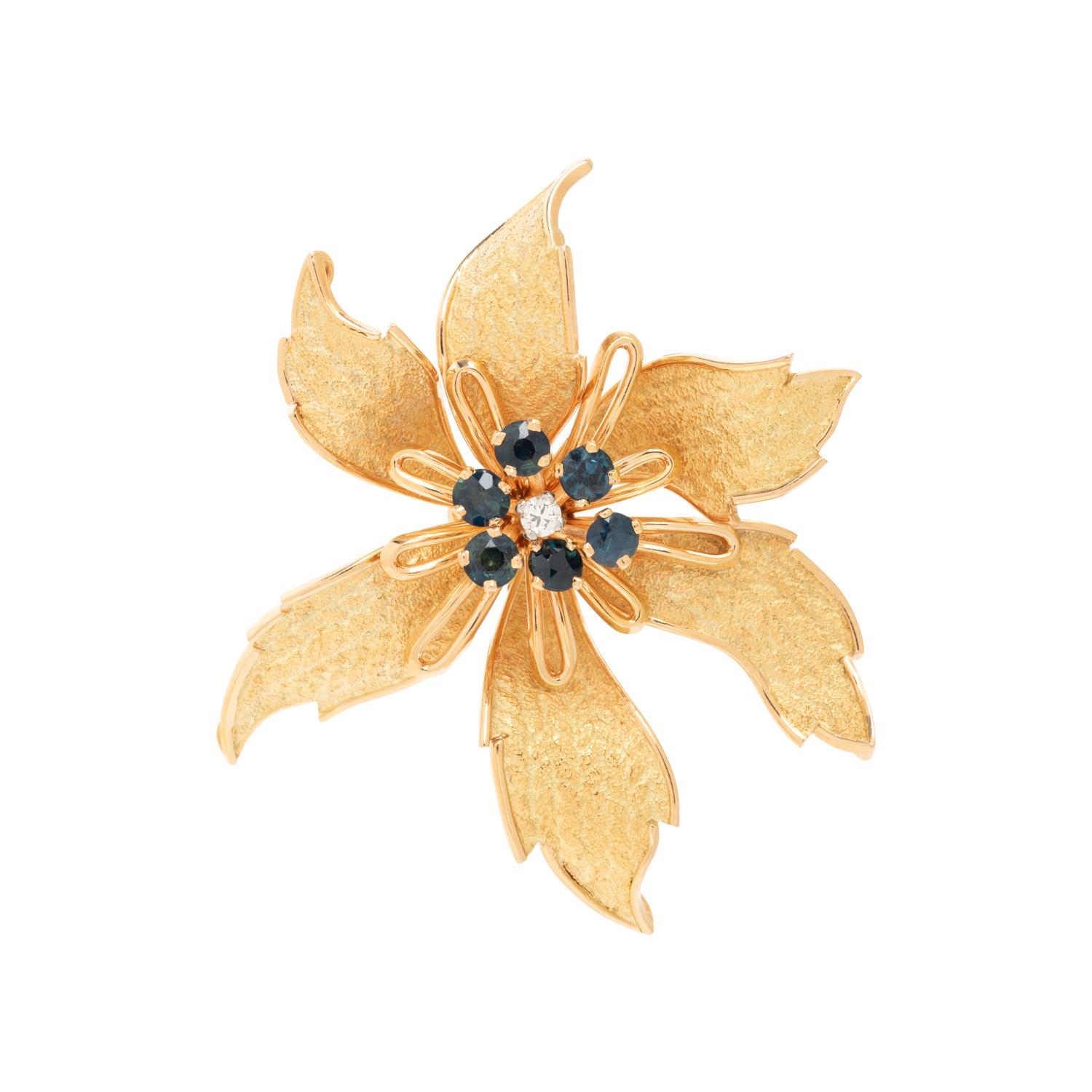 SAPPHIRE AND DIAMOND FLOWER BROOCH