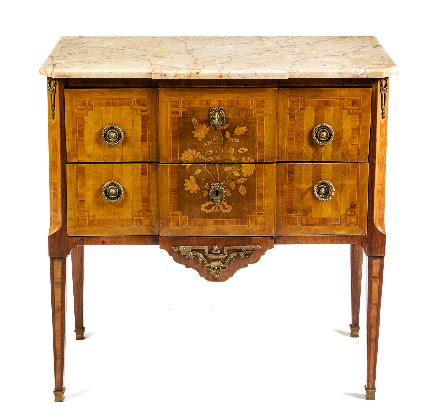 A Louis XV/XVI Transitional Marquetry Commode Height 34 1/4 x width 34 1/4 x depth 18 1/4 inches. — LATE 18TH CENTURY