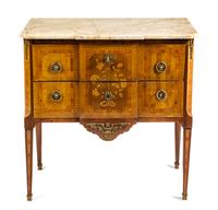A Louis XV/XVI Transitional Marquetry Commode Height 34 1/4 x width 34 1/4 x depth 18 1/4 inches. — LATE 18TH CENTURY