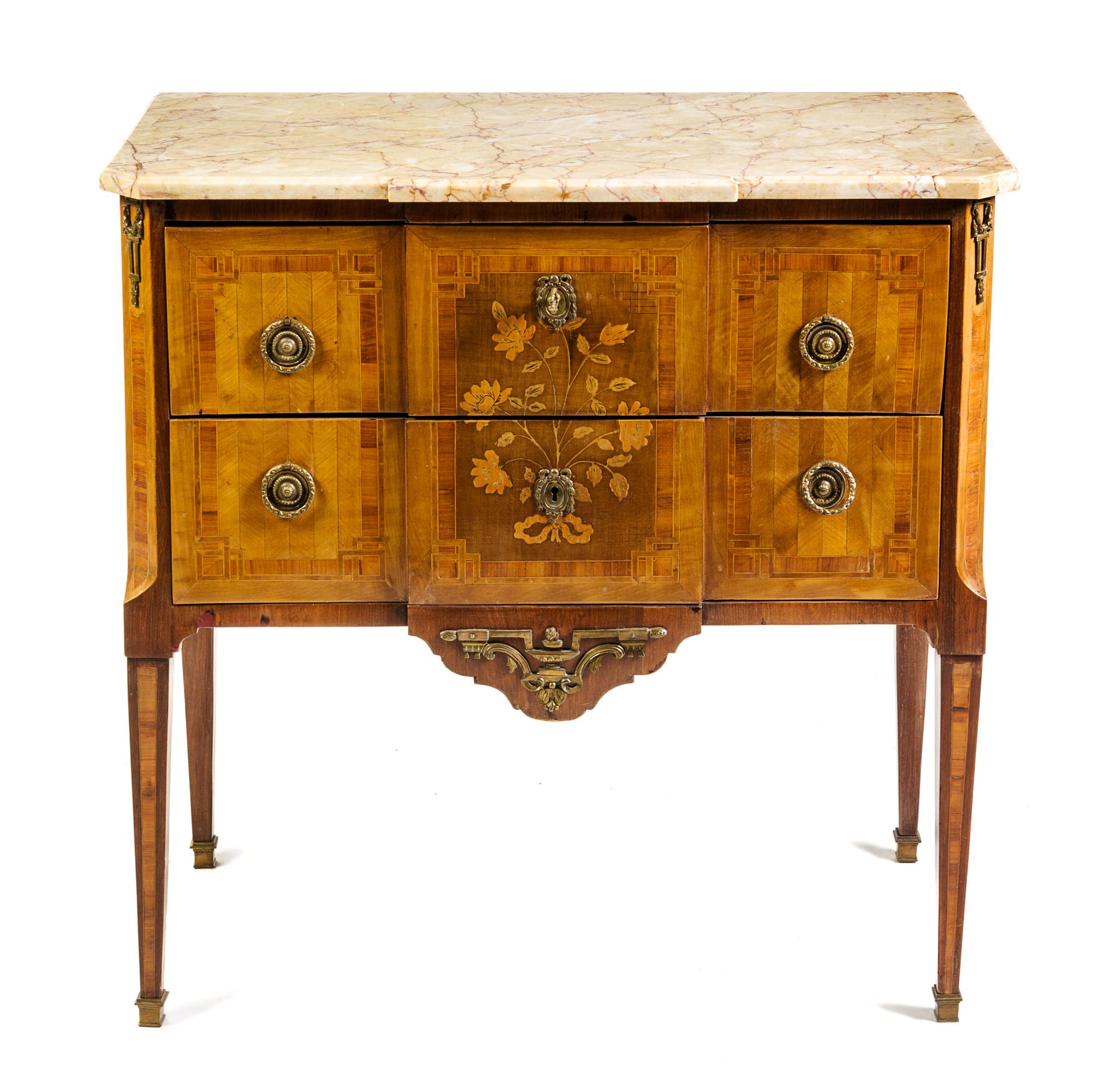 A Louis XV/XVI Transitional Marquetry Commode Height 34 1/4 x width 34 1/4 x depth 18 1/4 inches. — LATE 18TH CENTURY