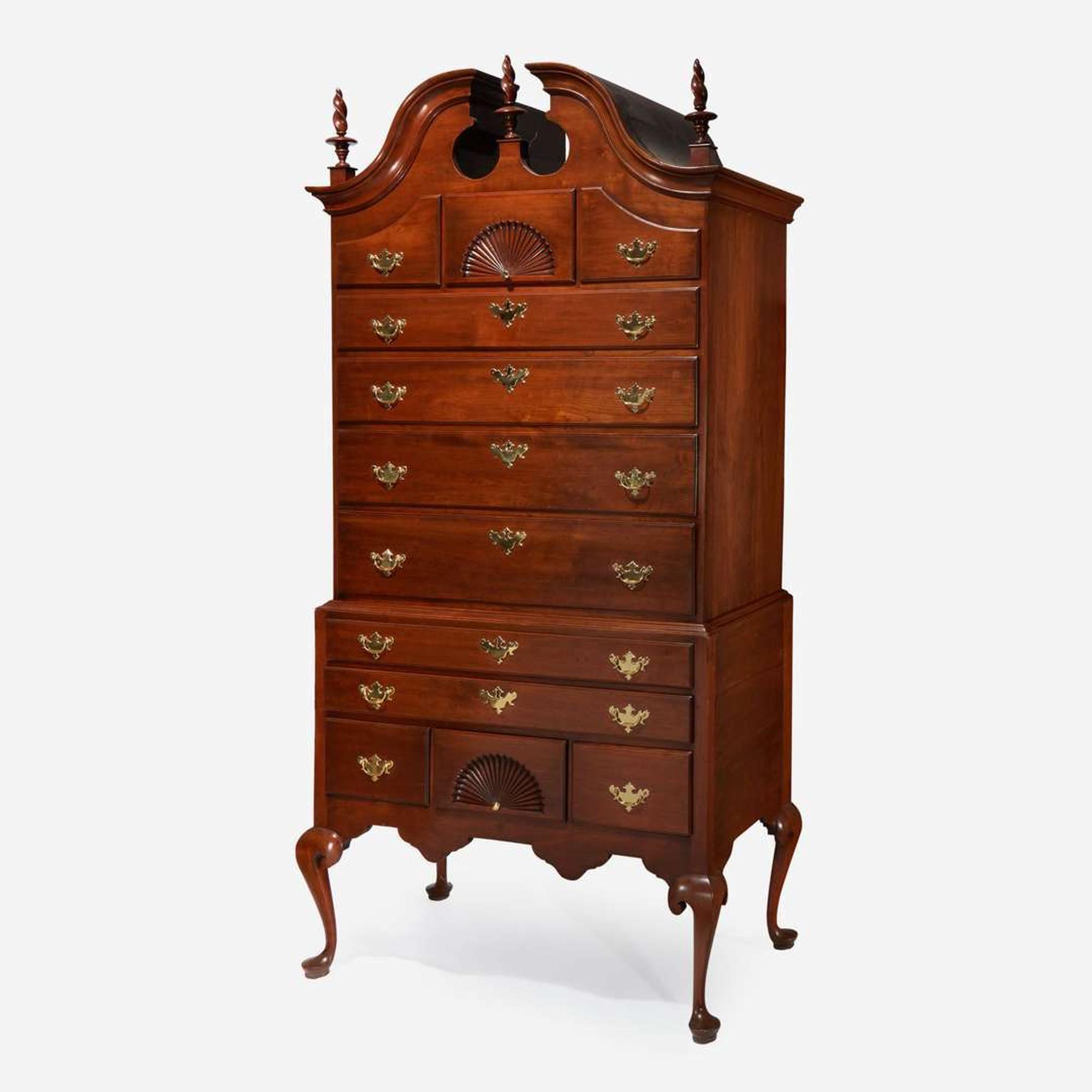 A Queen Anne carved cherry bonnet-top high chest New England, possibly Rhode Island, circa 1775