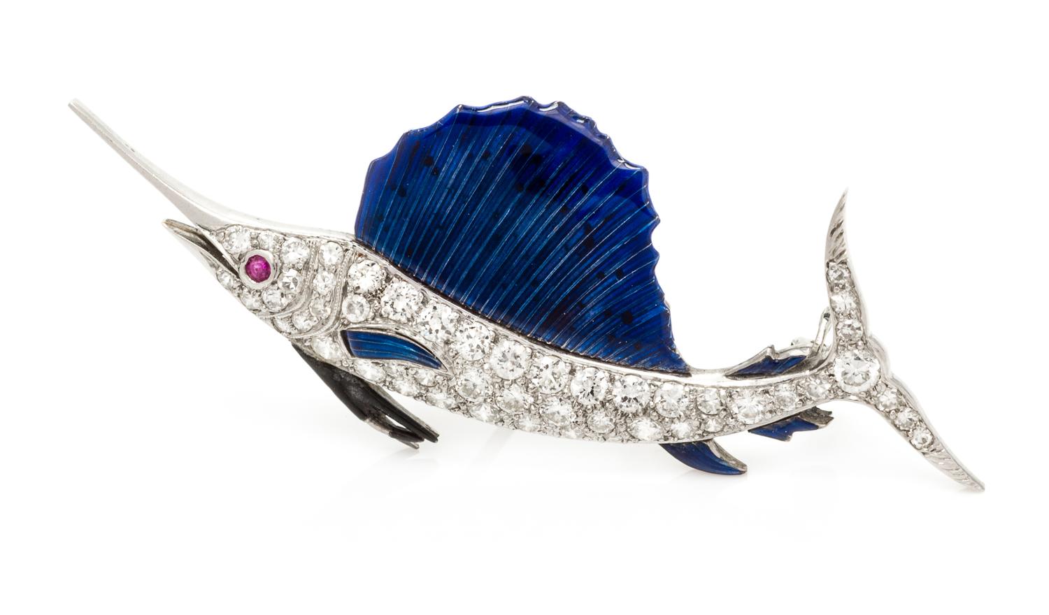 A Platinum, White Gold, Diamond and Polychrome Enamel Sailfish Brooch, 6.10 dwts.