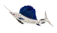 A Platinum, White Gold, Diamond and Polychrome Enamel Sailfish Brooch, 6.10 dwts.