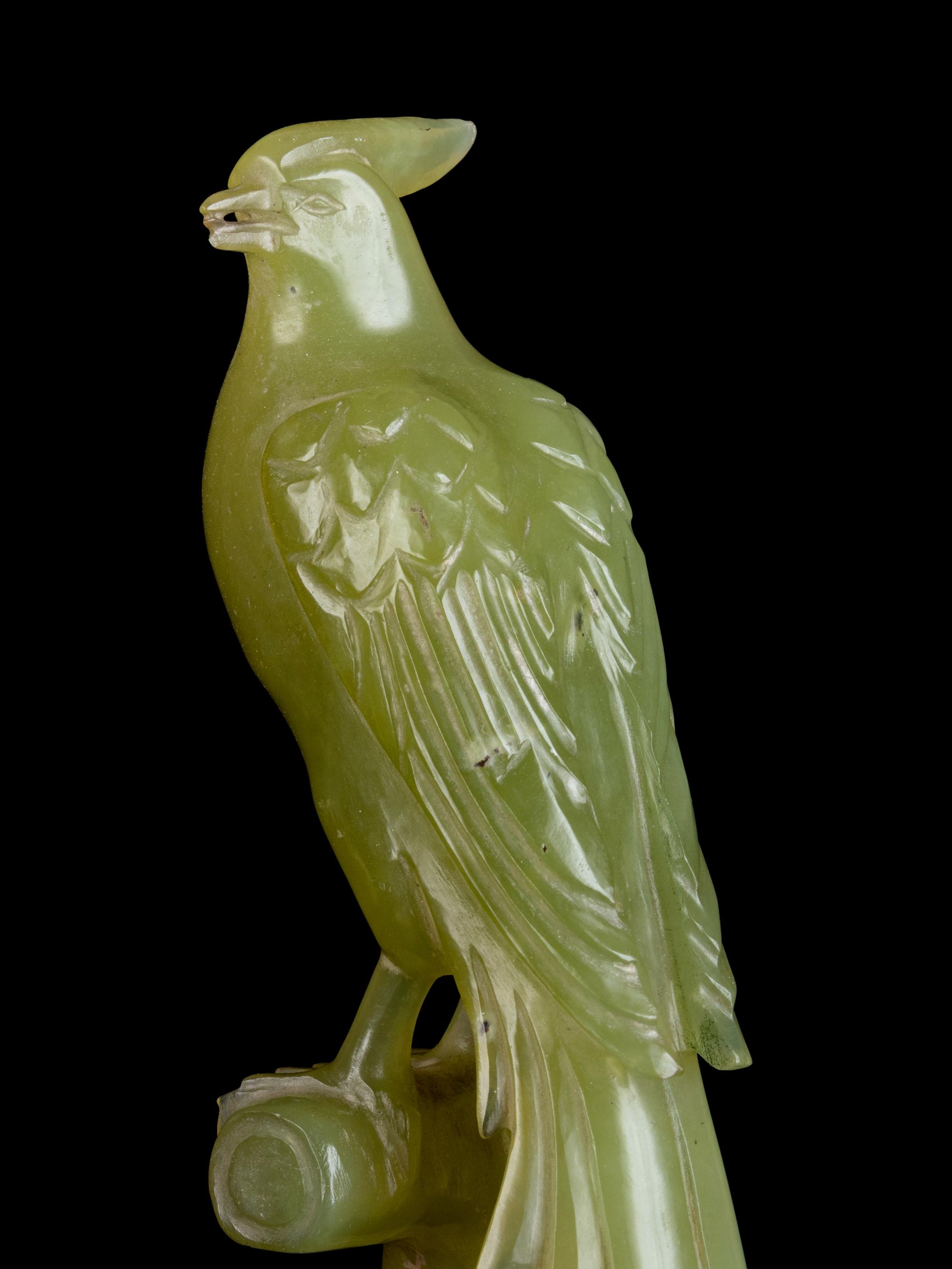 A Chinese Carved Yellow Hardstone Snuff Bottle and A Pair of Chinese Carved Hardstone Figures of Birds
