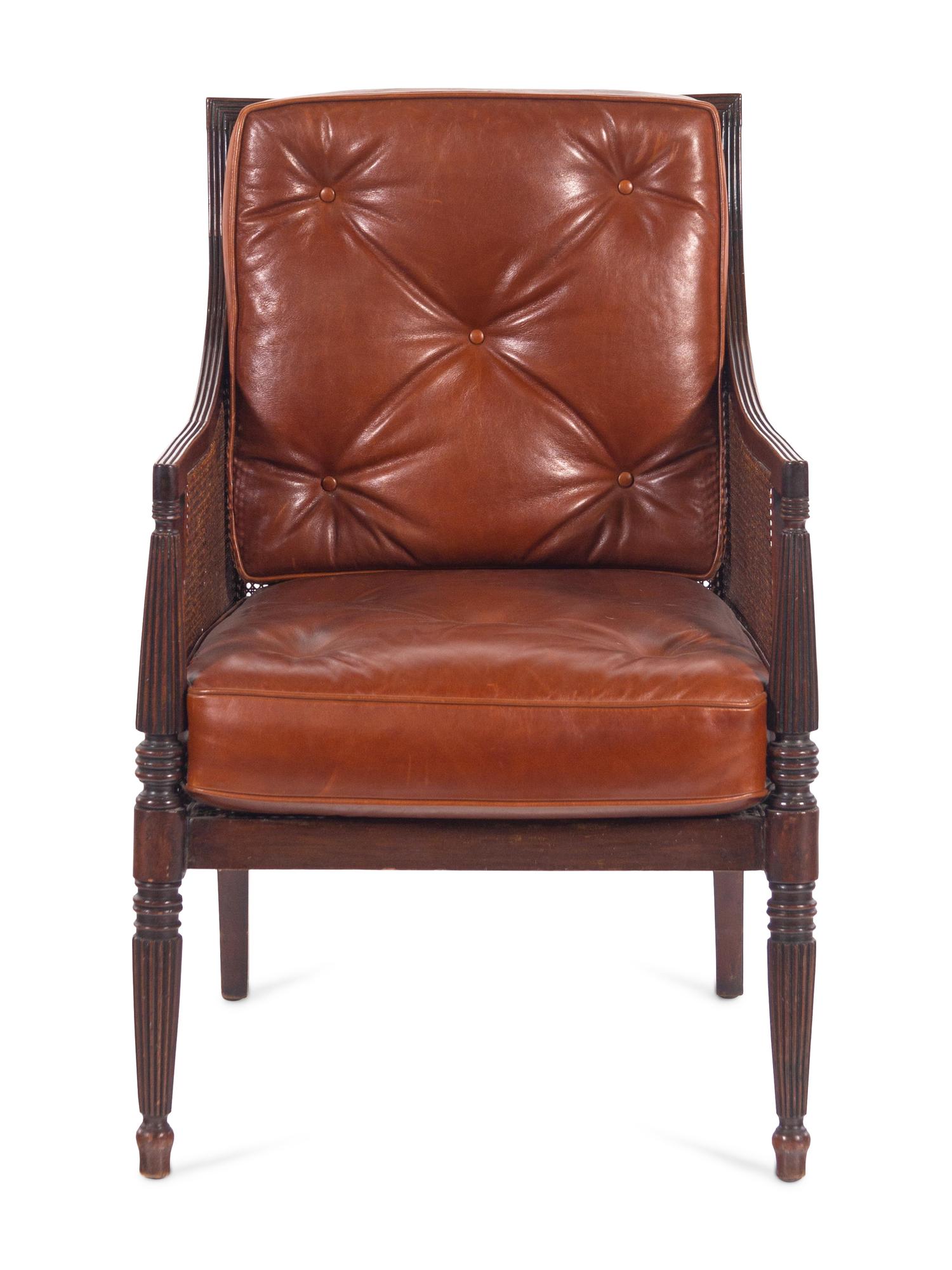 A William IV Style Mahogany Cane-and-Leather Upholstered Armchair