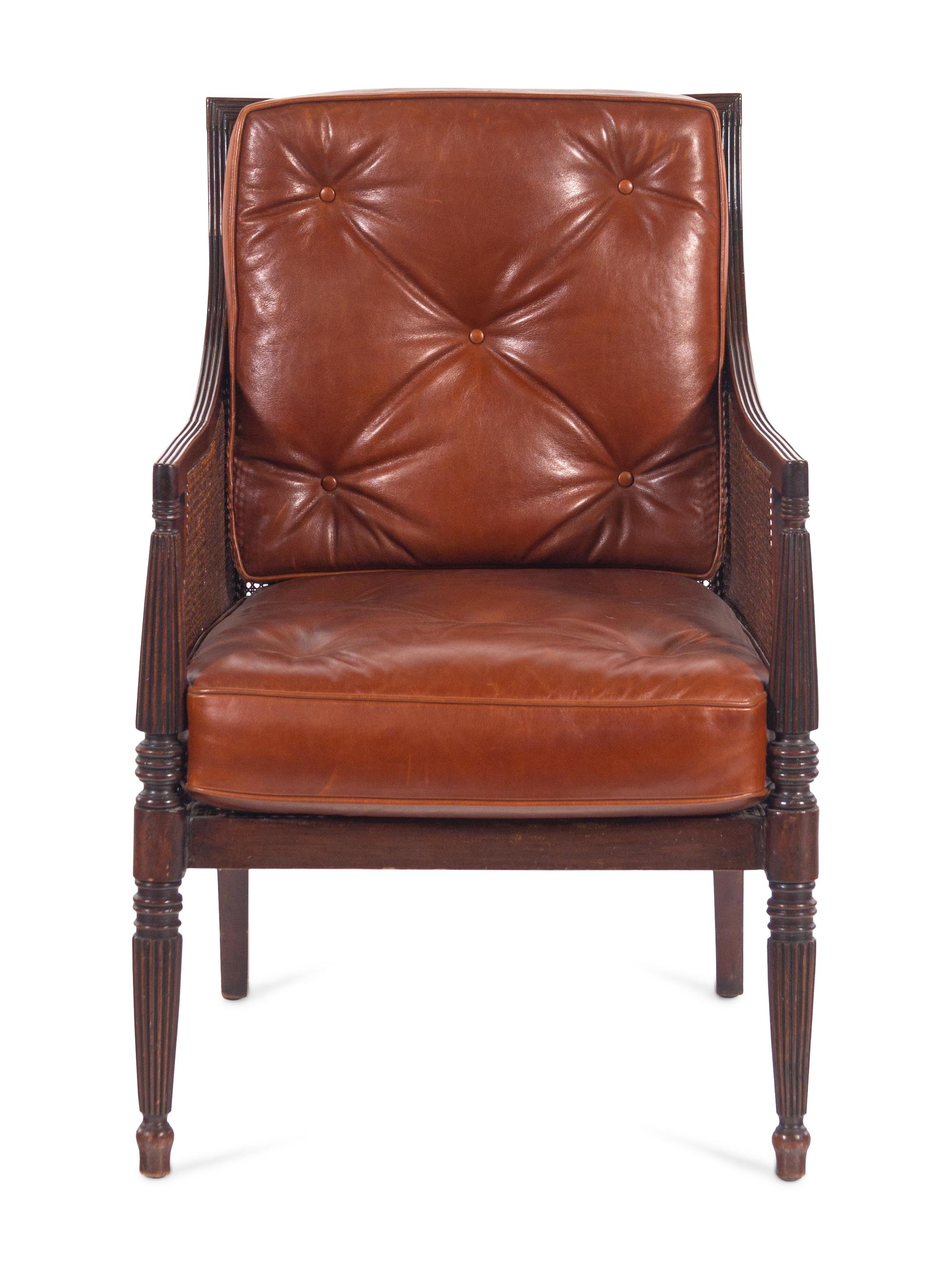 A William IV Style Mahogany Cane-and-Leather Upholstered Armchair