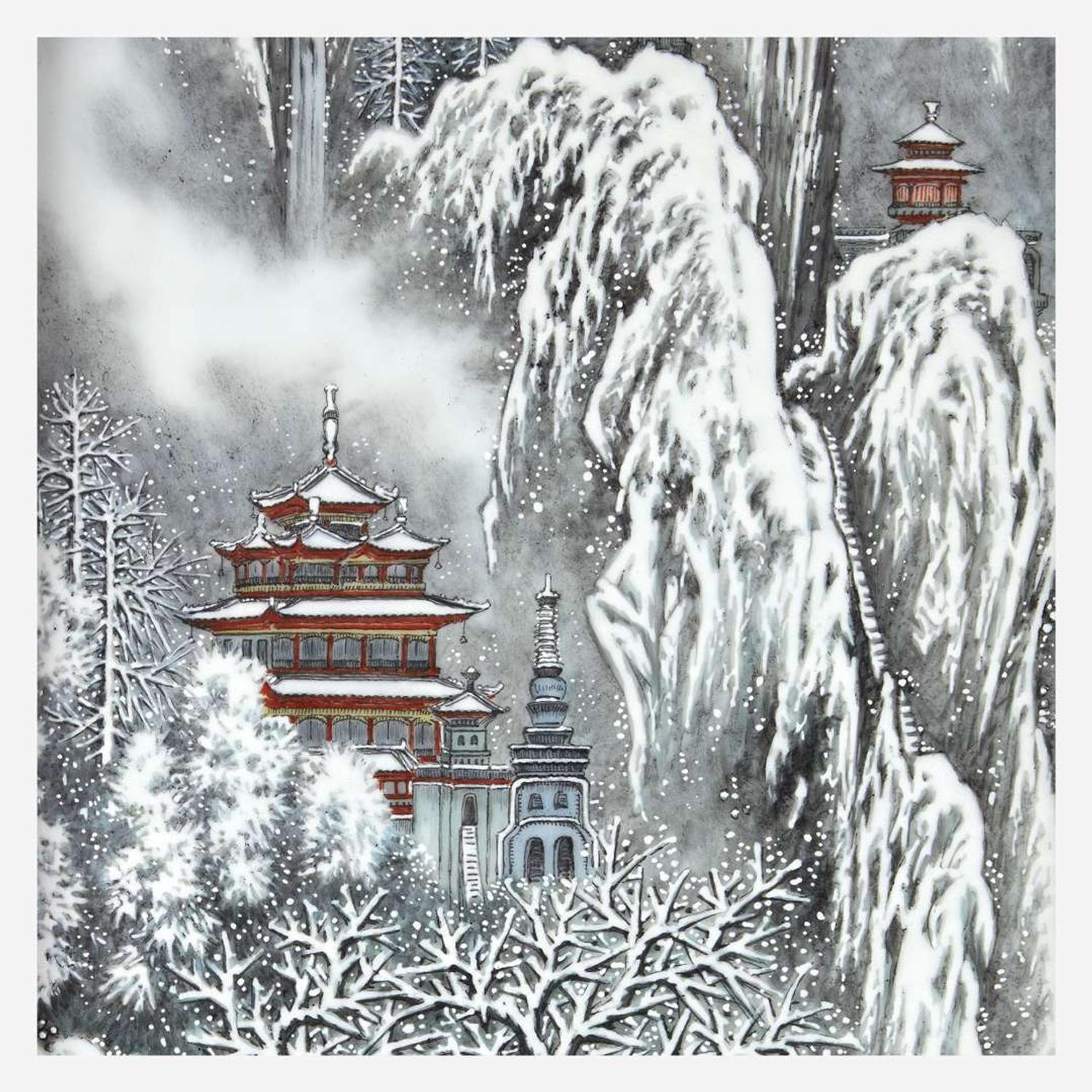 A suite of four Chinese enameled porcelain panels Jingdezhen, dated to a Xinyou year, equivalent to 1981