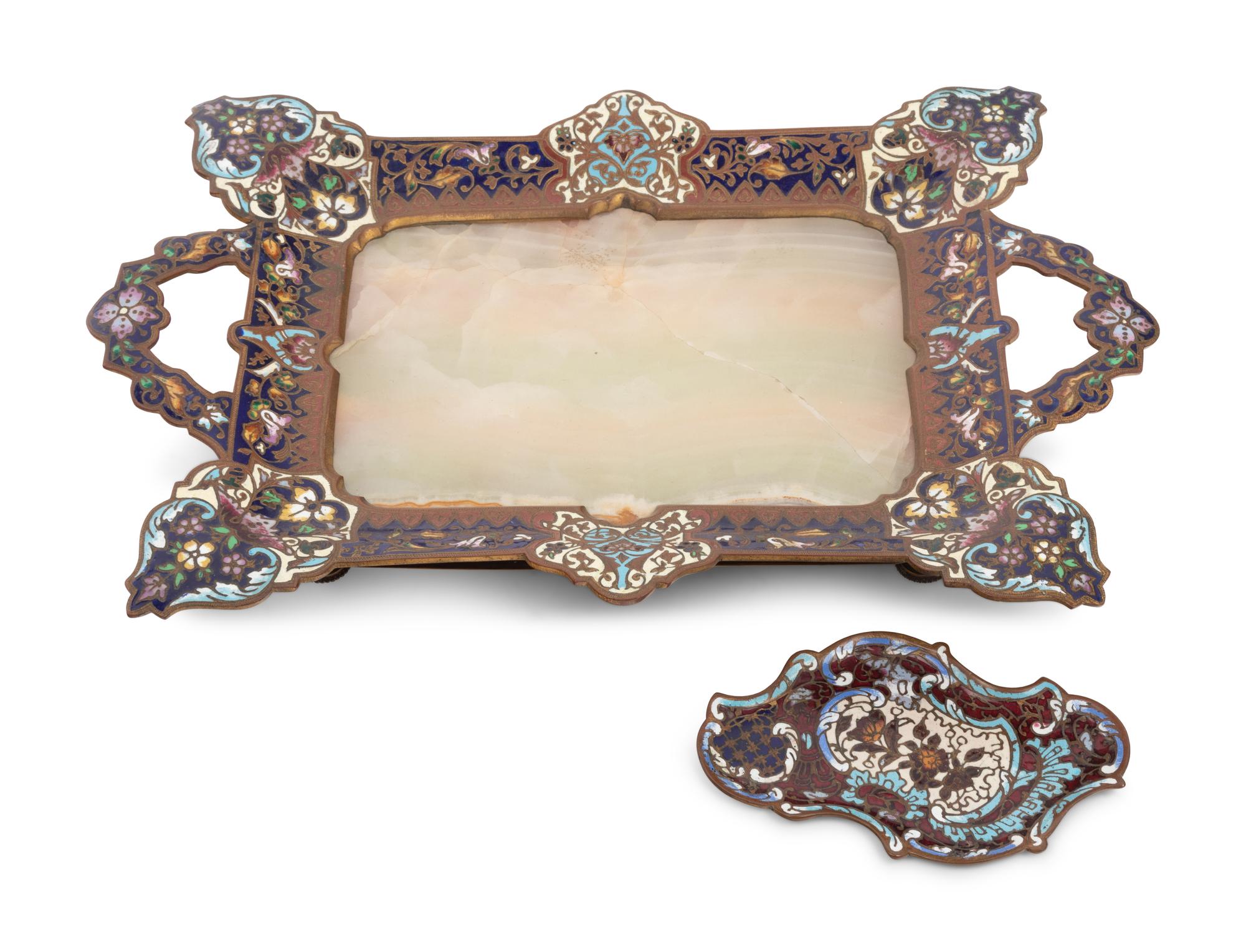 A French Gilt Bronze, Onyx and Champlevé Enamel Card Tray