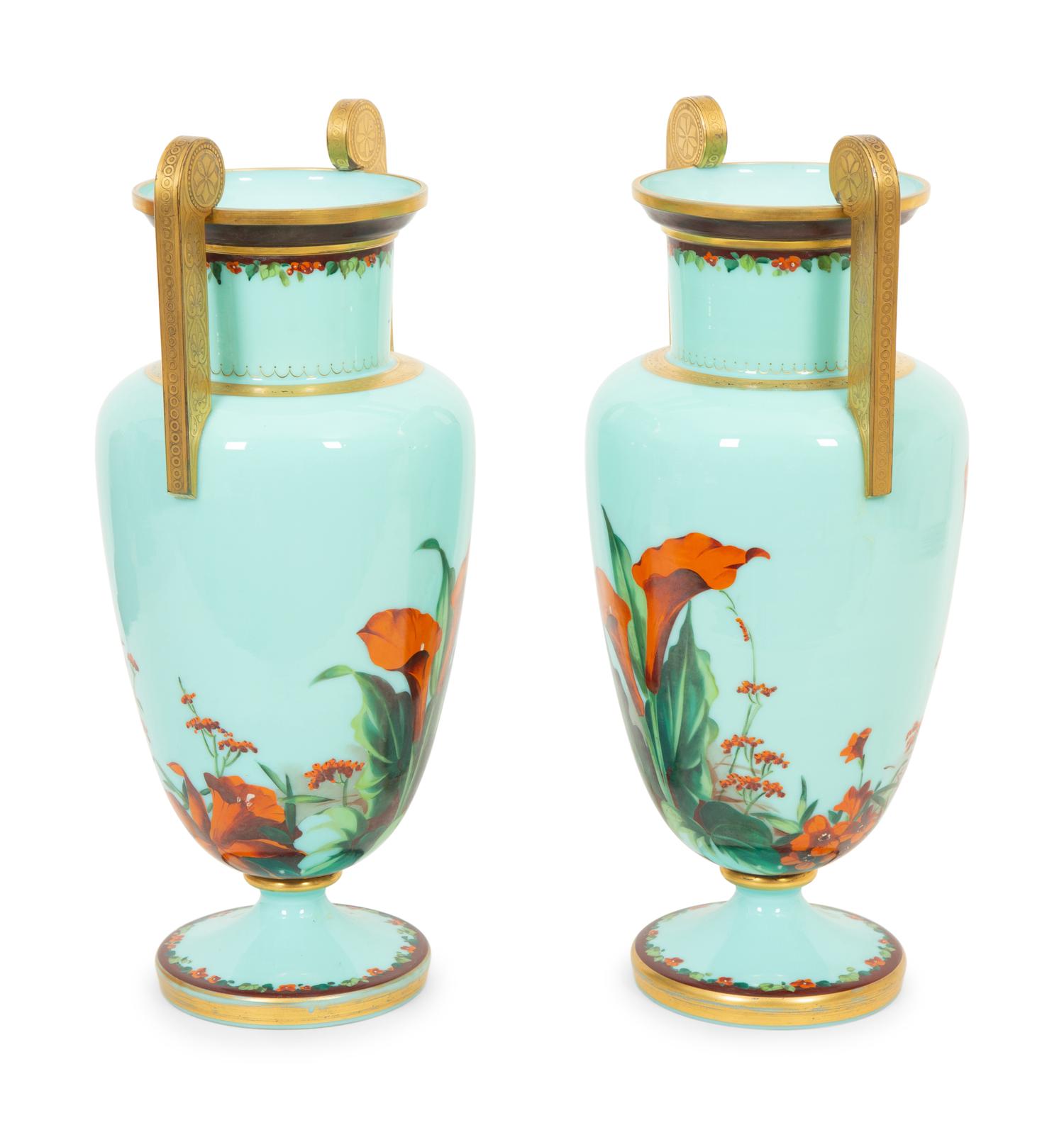 A Pair of Continental Pale Blue Opaque Glass Vases