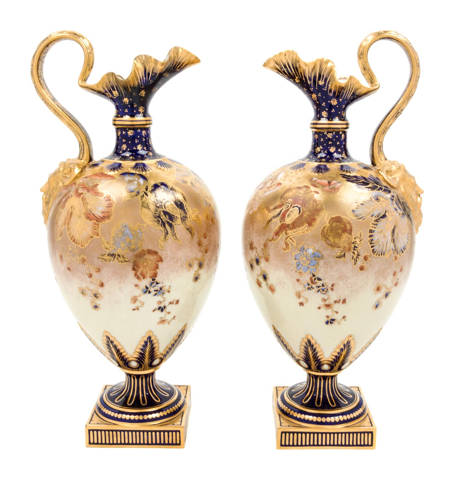 A Pair of Royal Crown Derby Porcelain Ewers Height 15 3/4 inches. — CIRCA 1891-1921