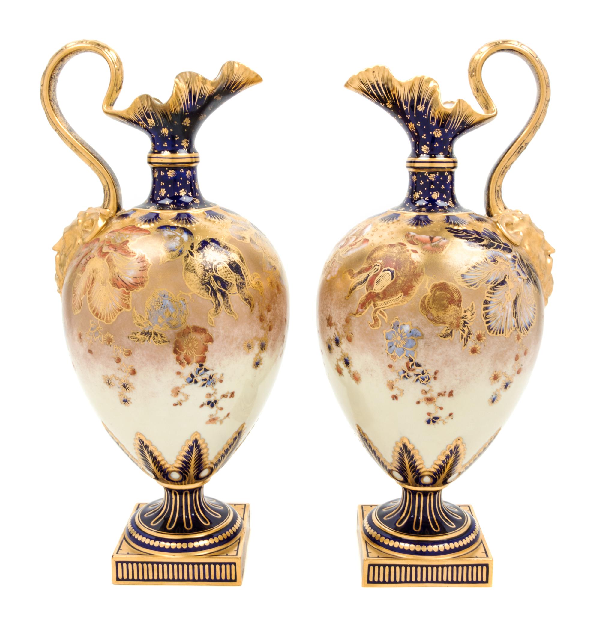 A Pair of Royal Crown Derby Porcelain Ewers Height 15 3/4 inches. — CIRCA 1891-1921