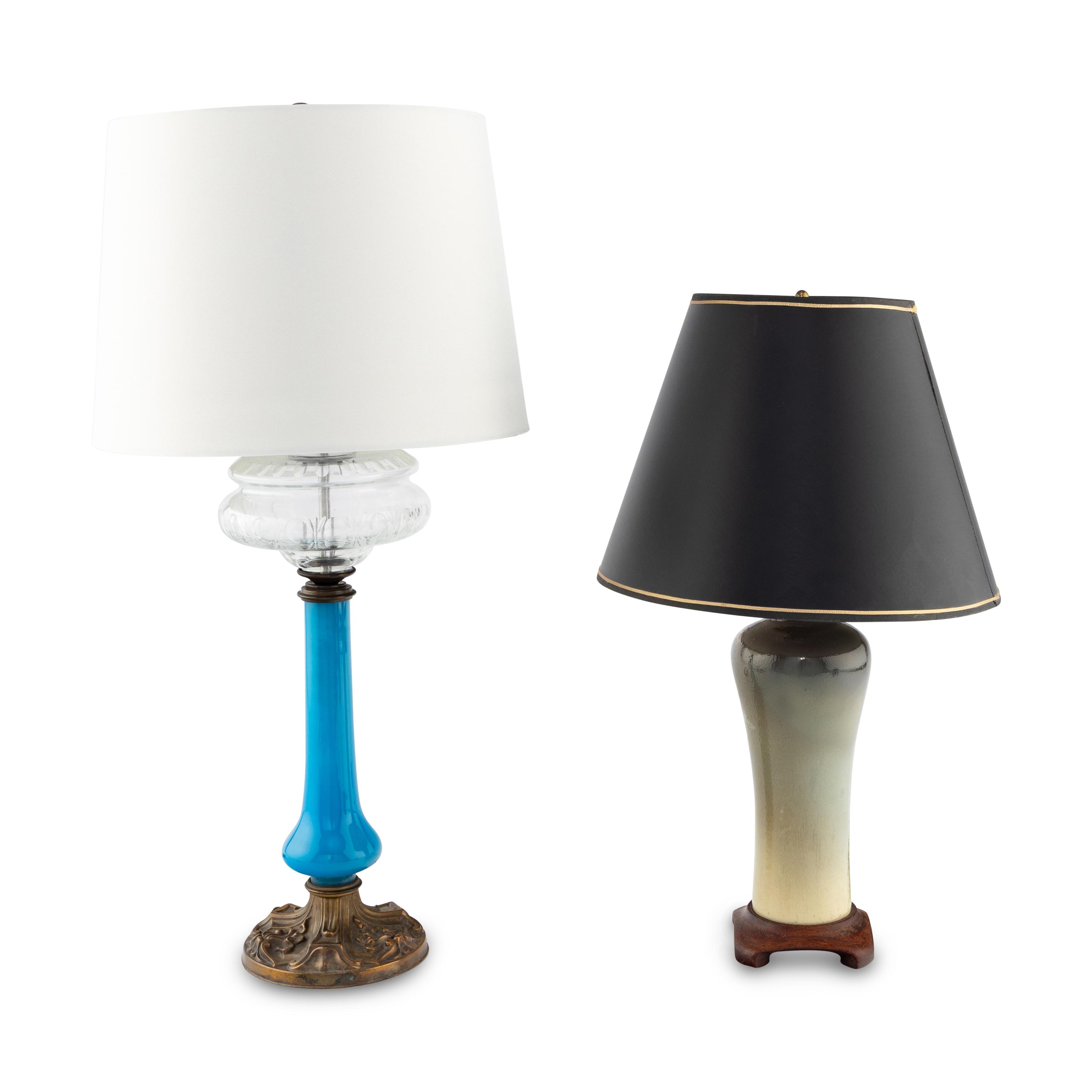 An Opaline Glass Lamp and a Glazed Art Pottery Lamp