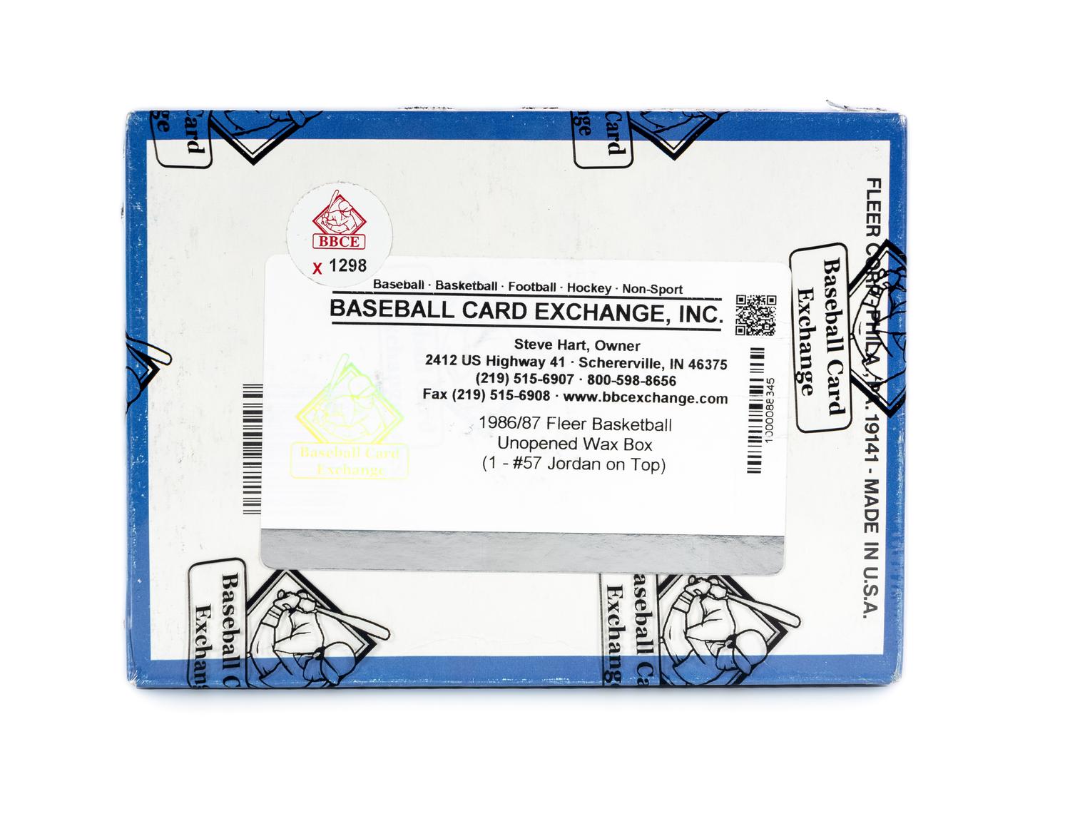 An Unopened Box of 1986-87 Fleer Basketball Cards (36 Packs) Featuring All Original Wax Packs As Issued By Fleer With One Michael Jordan Rookie Card No. 57 Showing On Top of Pack and Four Jordan Stickers (BBCE Authenticated)