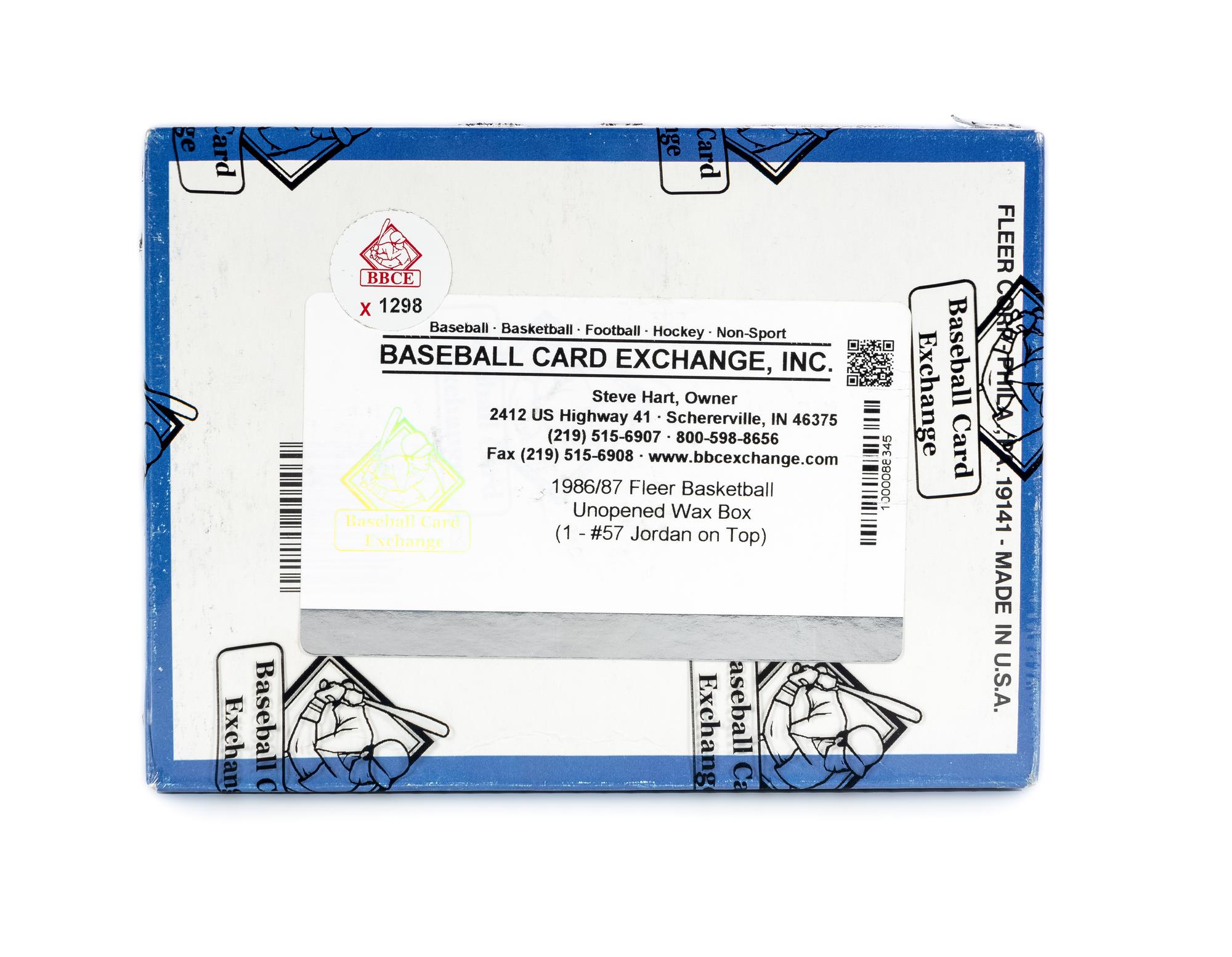 An Unopened Box of 1986-87 Fleer Basketball Cards (36 Packs) Featuring All Original Wax Packs As Issued By Fleer With One Michael Jordan Rookie Card No. 57 Showing On Top of Pack and Four Jordan Stickers (BBCE Authenticated)