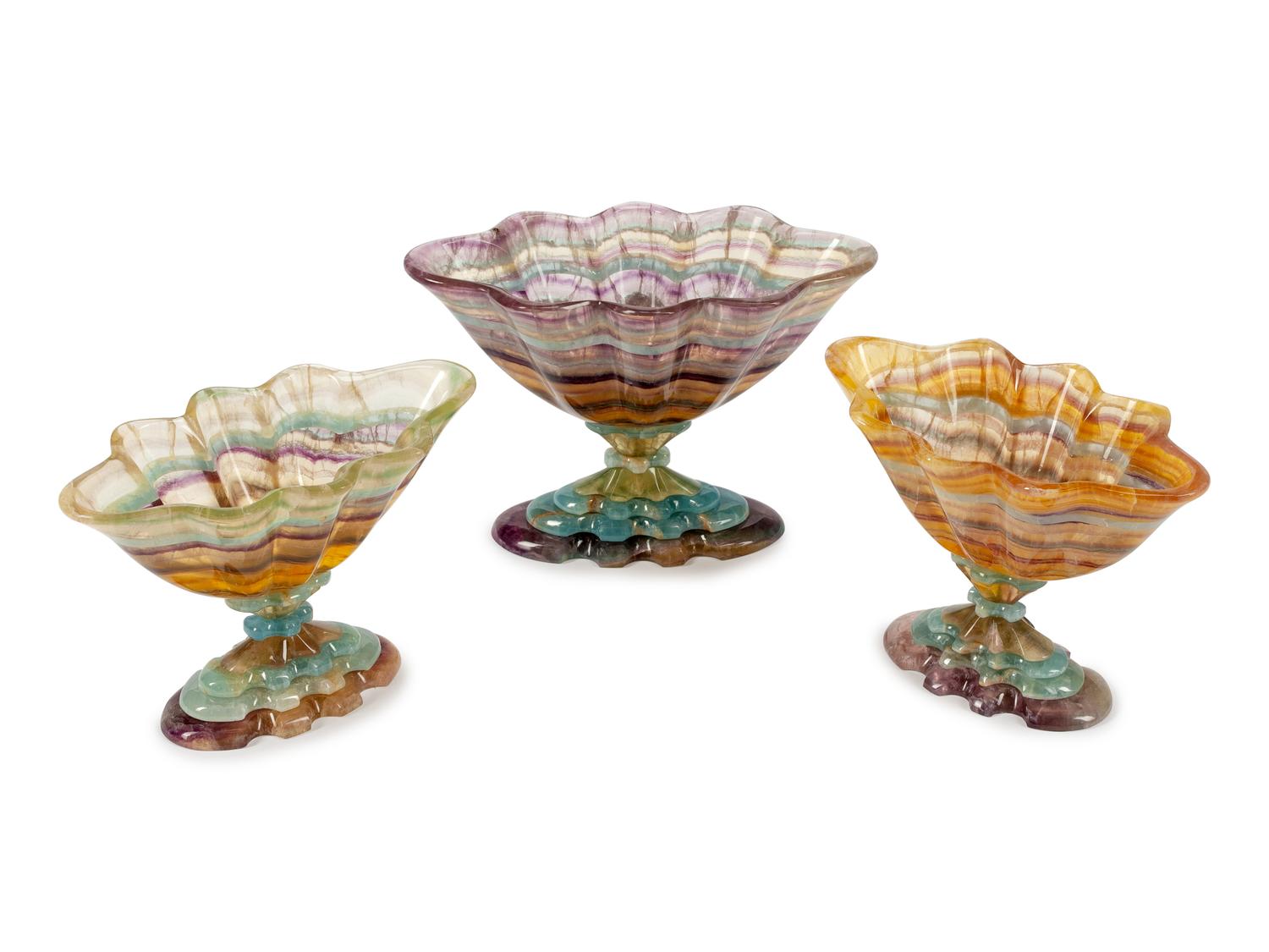 A Carved Agate Three-Piece Garniture