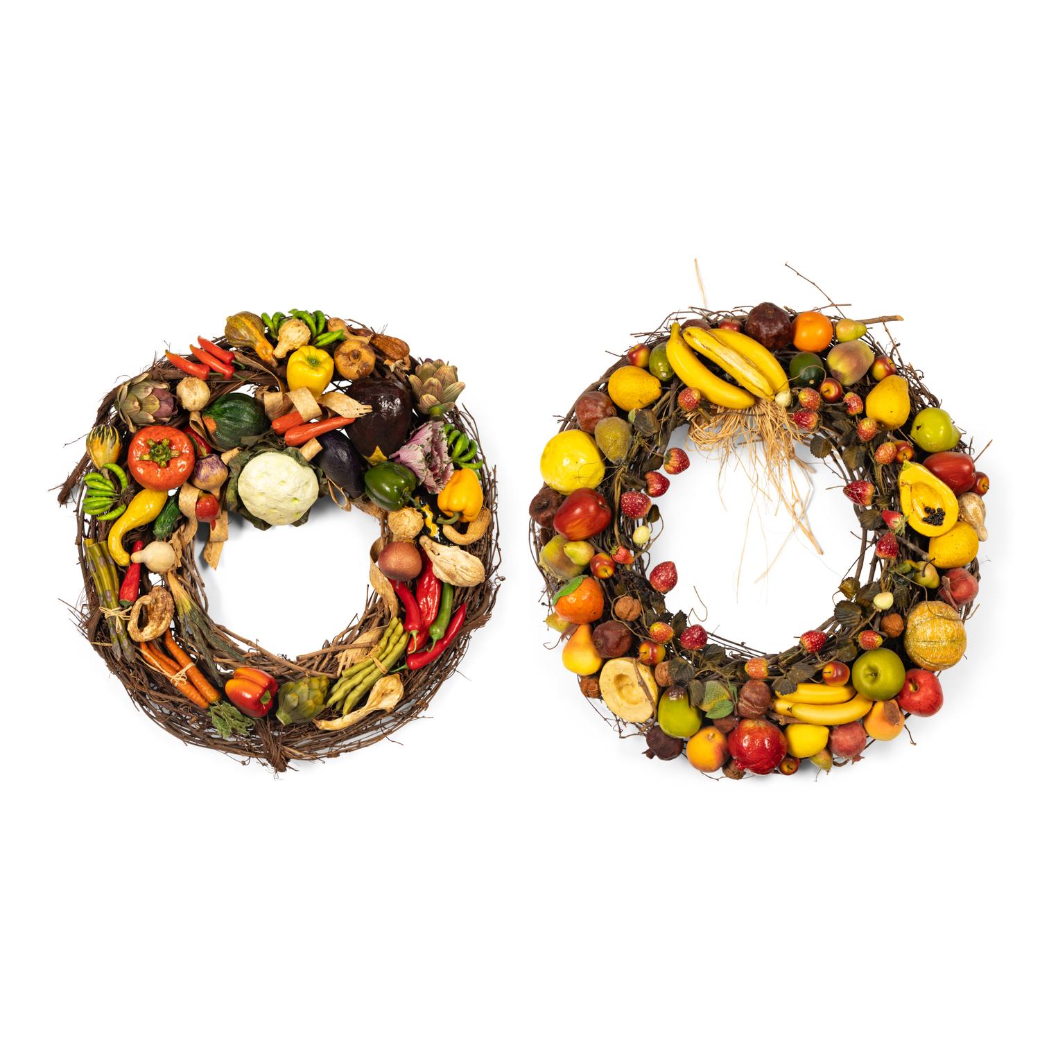 A Pair of Faux Fruit and Vegetable-Decorated Wreaths