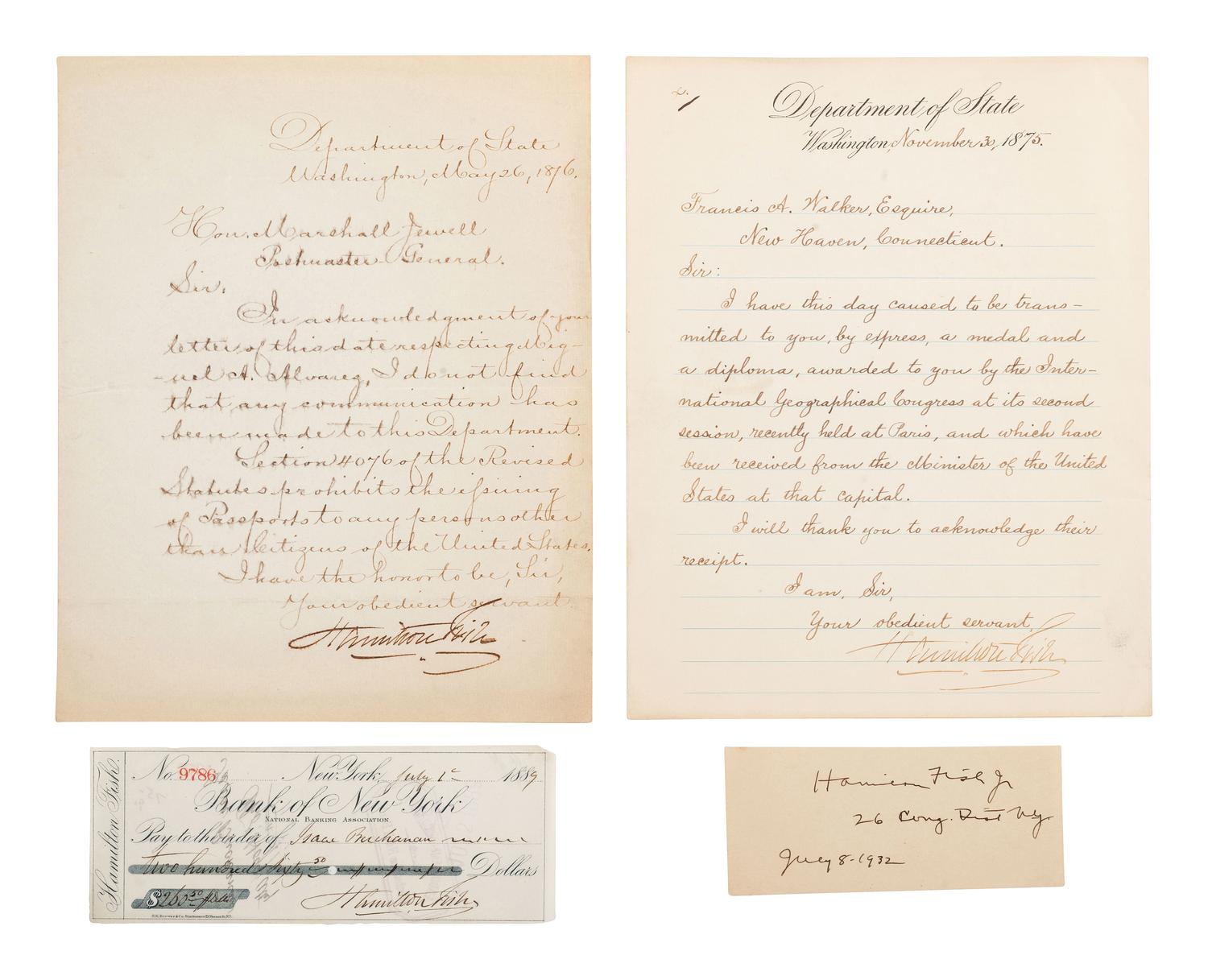 FISH, Hamilton (1808-1893). Letters and signatures of Fish and his descendants.