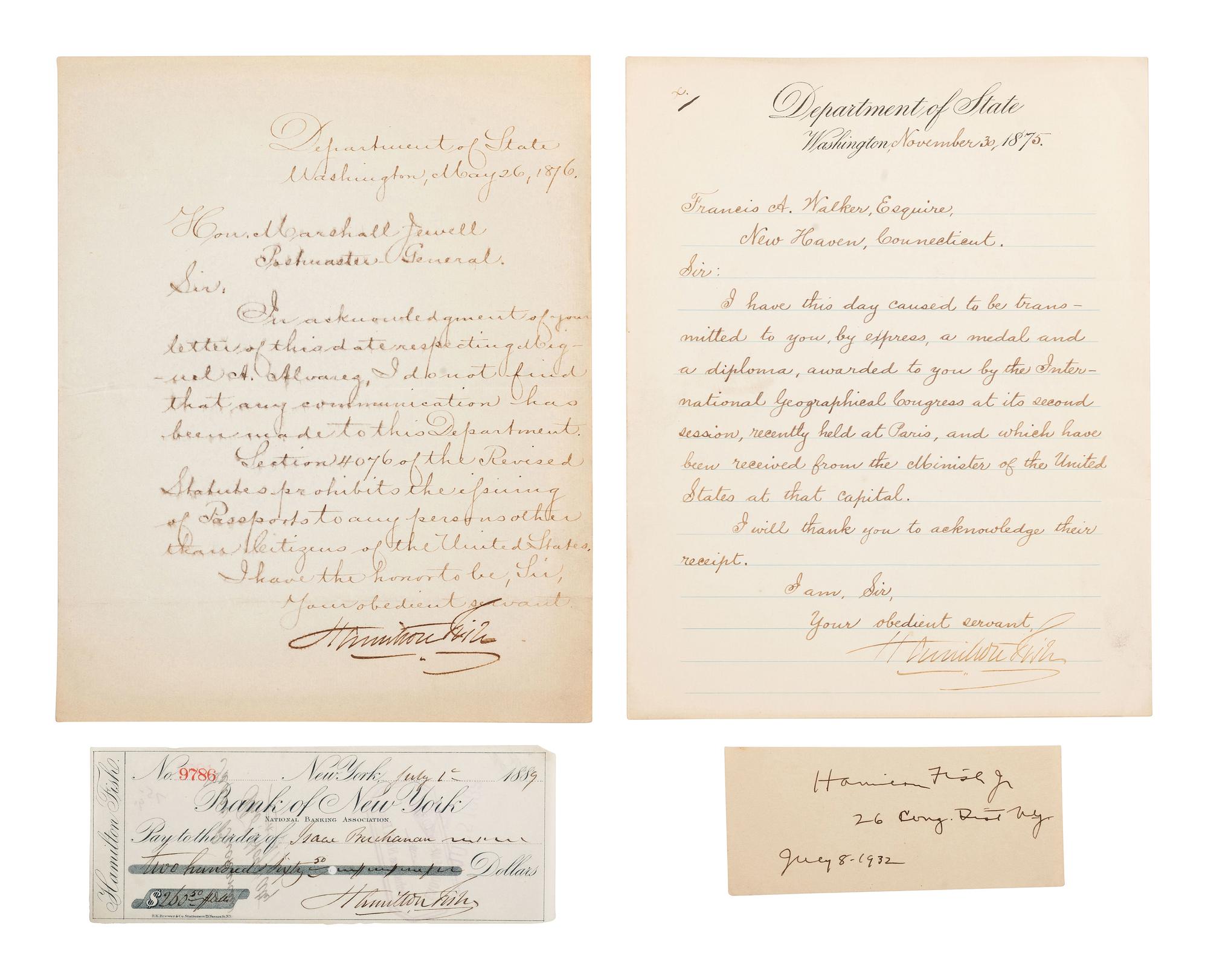 FISH, Hamilton (1808-1893). Letters and signatures of Fish and his descendants.