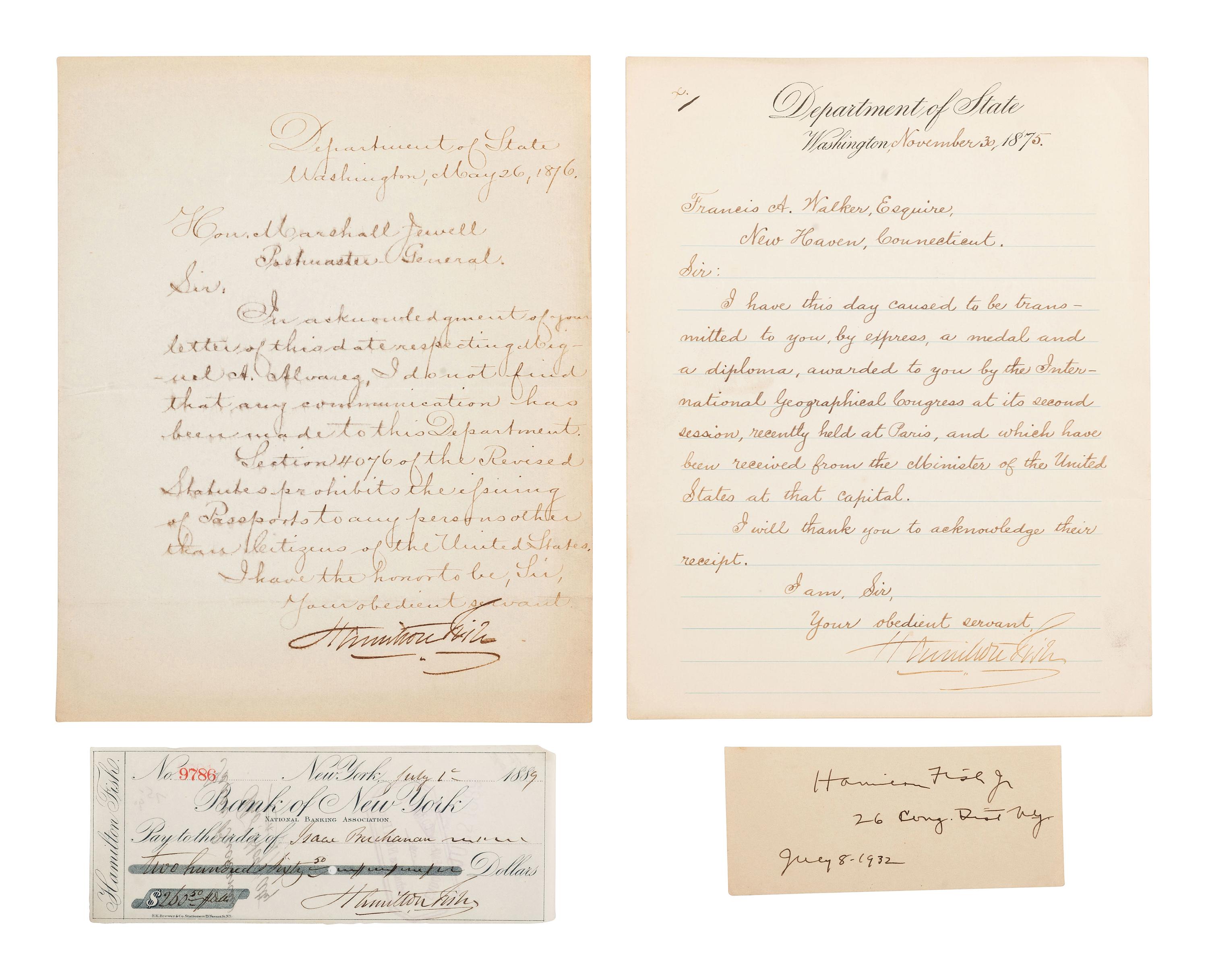 FISH, Hamilton (1808-1893). Letters and signatures of Fish and his descendants.