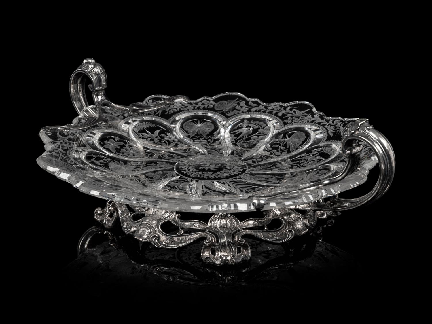 An American Silver Mounted Etched Glass Center Bowl