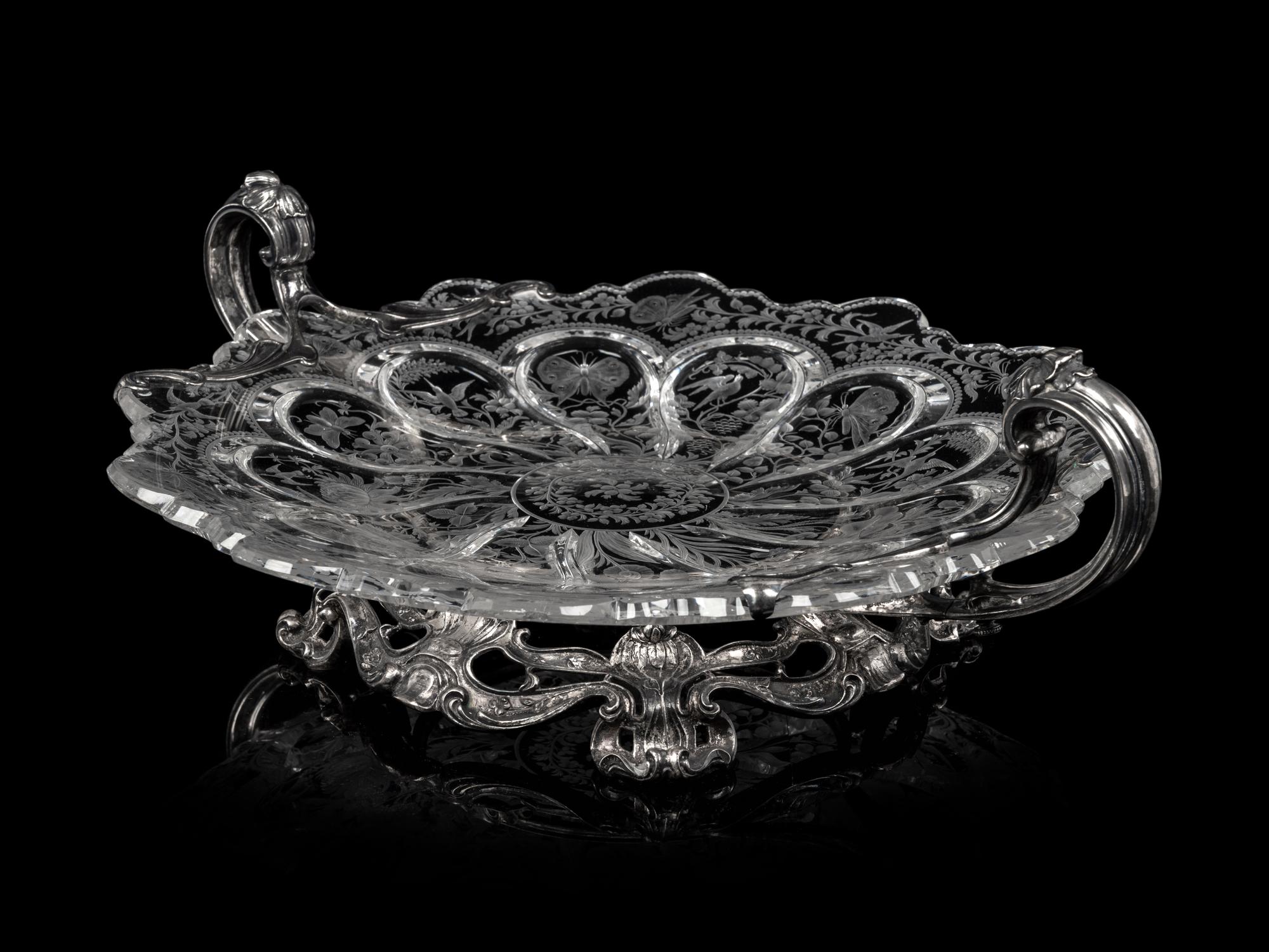 An American Silver Mounted Etched Glass Center Bowl