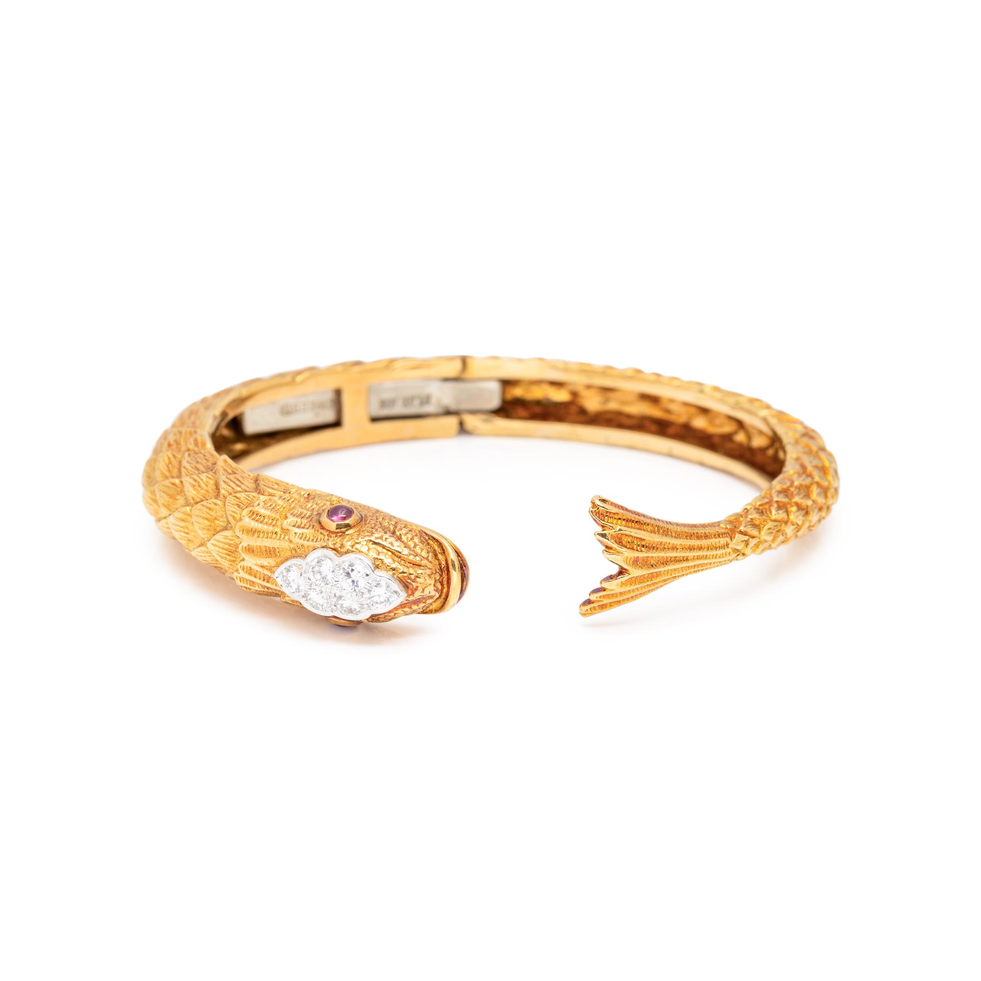 DAVID WEBB, YELLOW GOLD, DIAMOND AND RUBY PISCES CUFF BRACELET