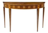 A George III Style Mahogany, Ebony, Satinwood and Rosewood Console Table, Height 33 3/4 x width 51 x depth 20 inches.