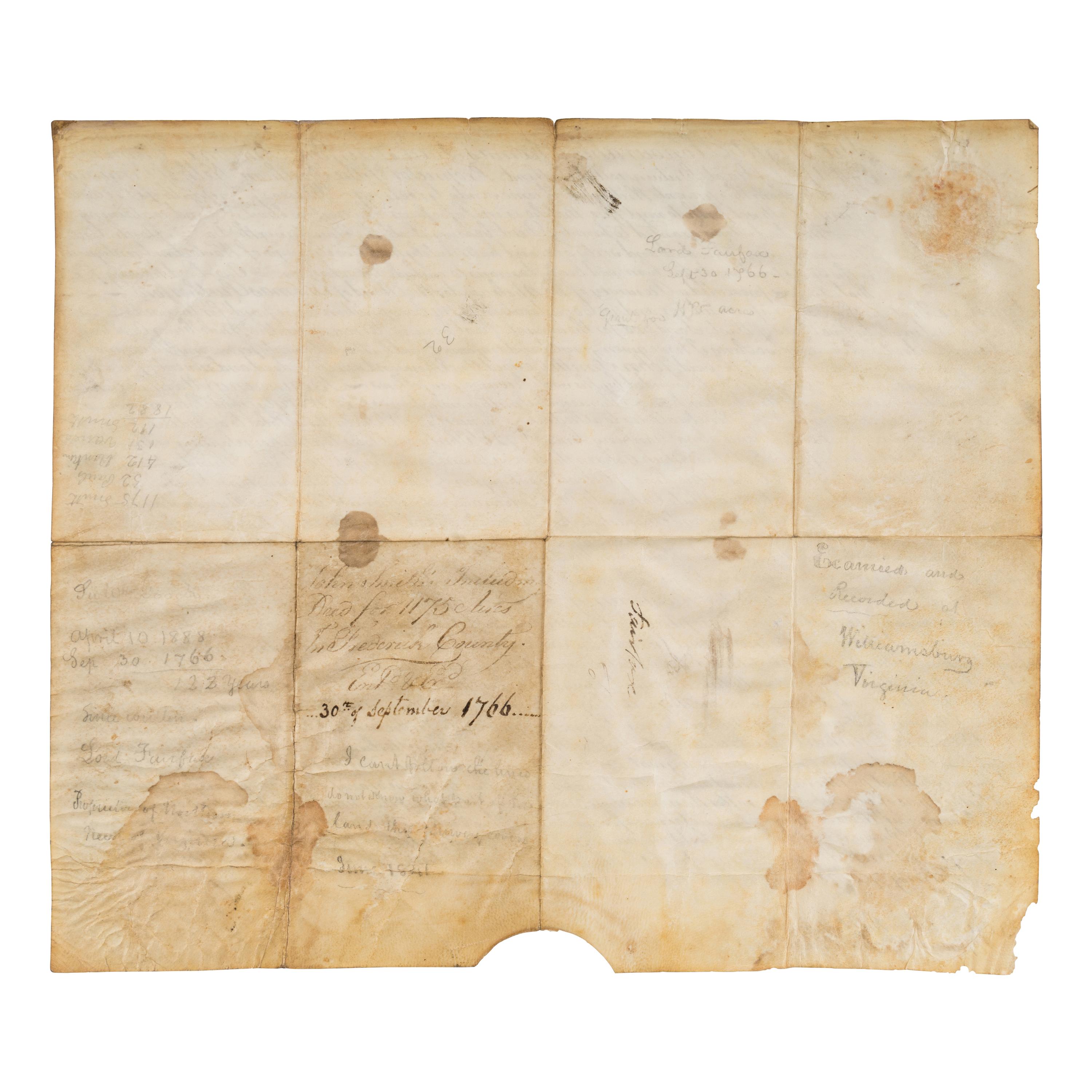 Fairfax, Thomas, Lord (1693-1781). Manuscript document signed ("Fairfax"), 30 September 1766.