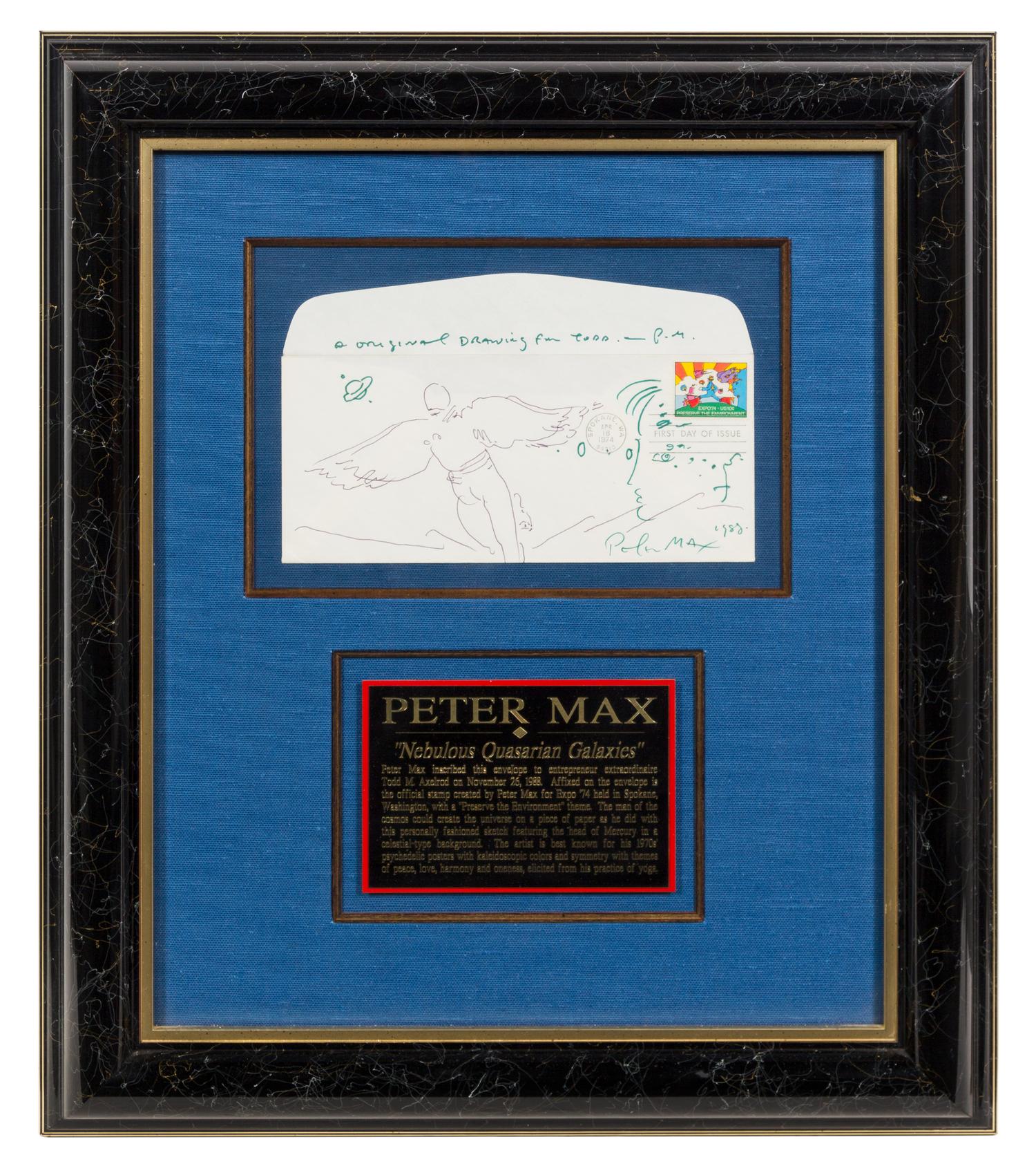 MAX, Peter (b.1937). Original pen drawing on envelope with 1974 Expo stamp designed by Max on first day of issue, signed lower right.