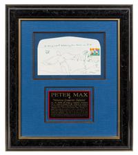 MAX, Peter (b.1937). Original pen drawing on envelope with 1974 Expo stamp designed by Max on first day of issue, signed lower right.