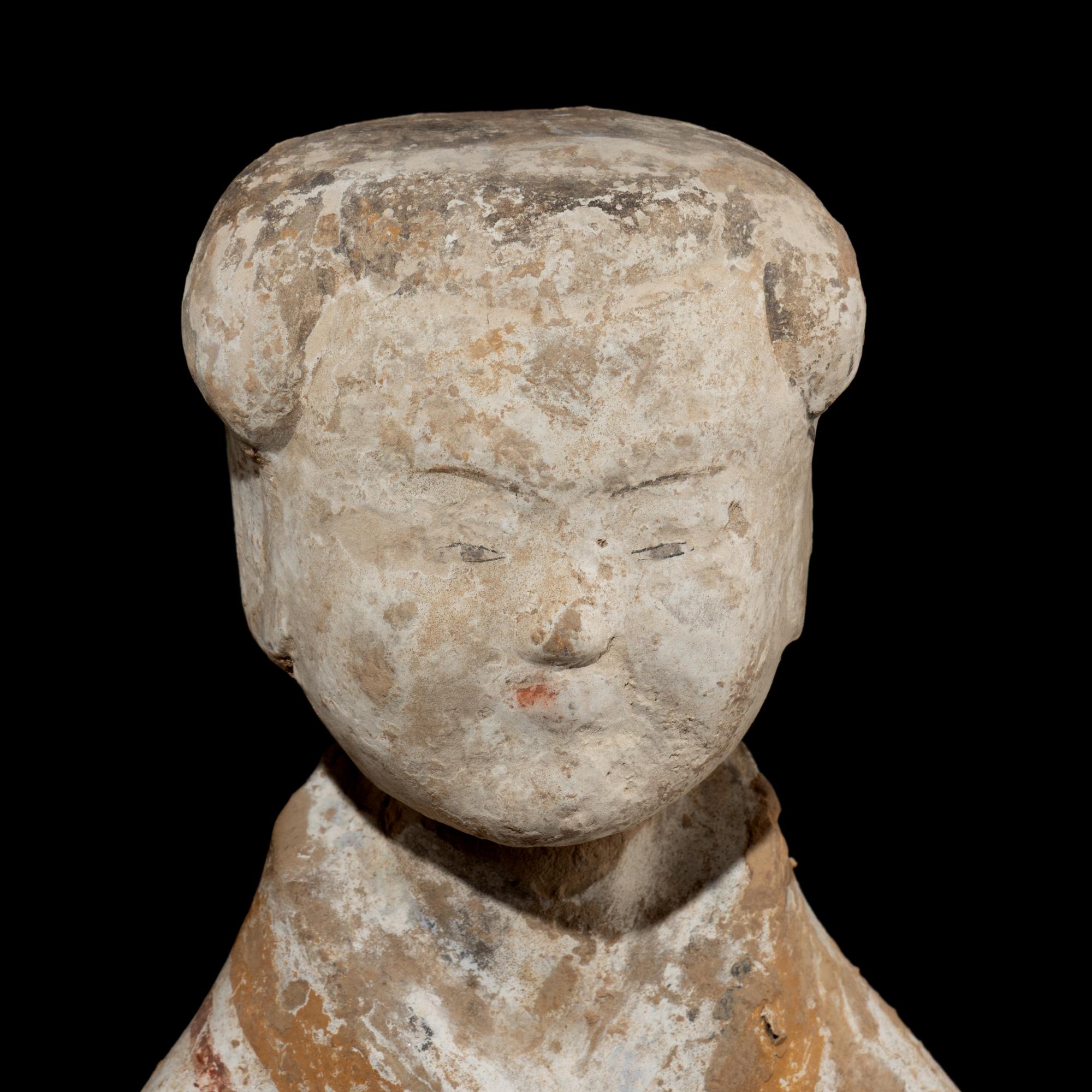 A Large Pair of Chinese Painted Pottery Ladies, Han Dynasty — 漢 灰陶彩繪侍奉俑一對