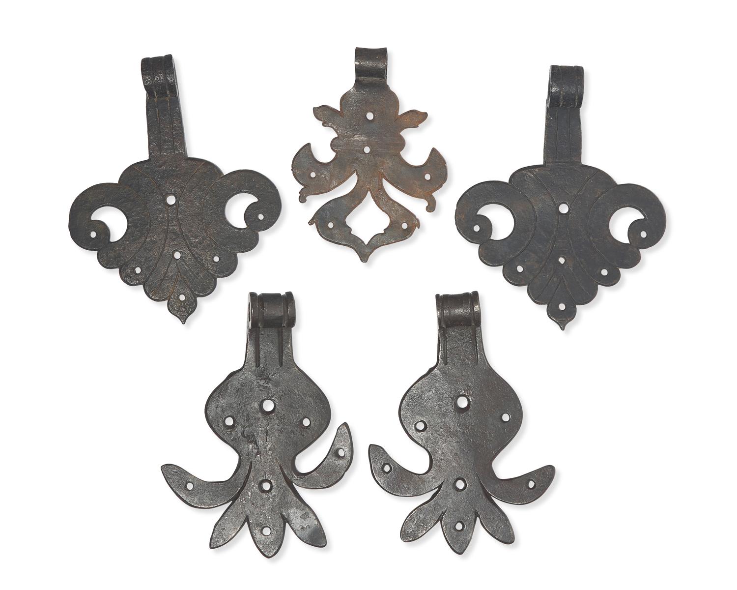 A Group of Five Wrought Iron Door Hinges, Pennsylvania and France, 18th Century