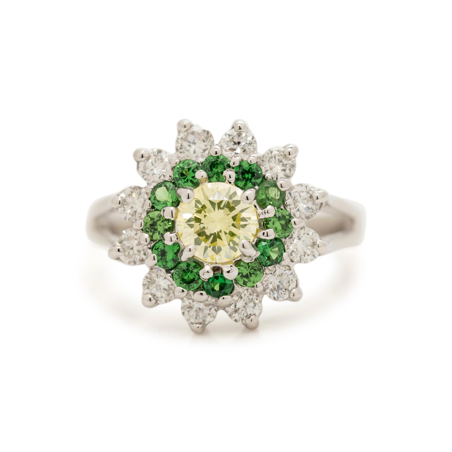 FANCY GREEN-YELLOW DIAMOND, TSAVORITE GARNET AND DIAMOND RING